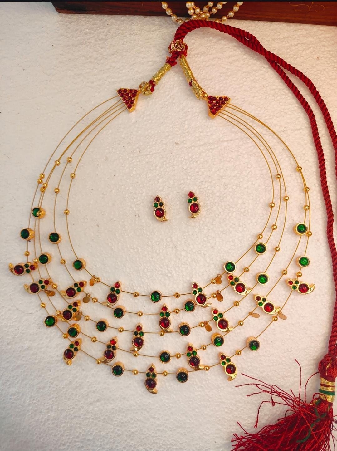Panchmala-5 Layered Red Kemp Maanga and Green Stone Necklace - CiceroniNecklace SetAarika