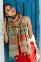 Pastel Peach Checks Peace Silk Scarf for Women - CiceroniScarfAeshaane