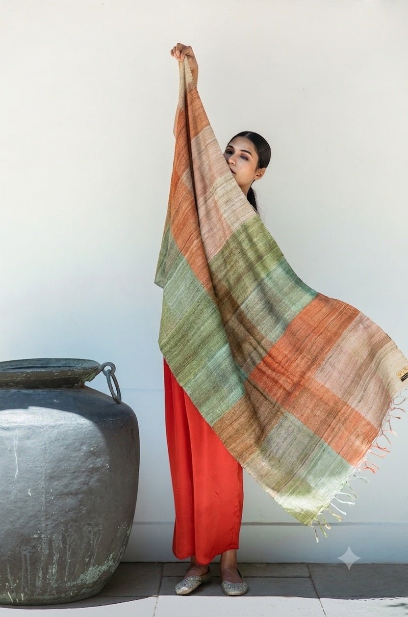 Pastel Peach Checks Peace Silk Scarf for Women - CiceroniScarfAeshaane