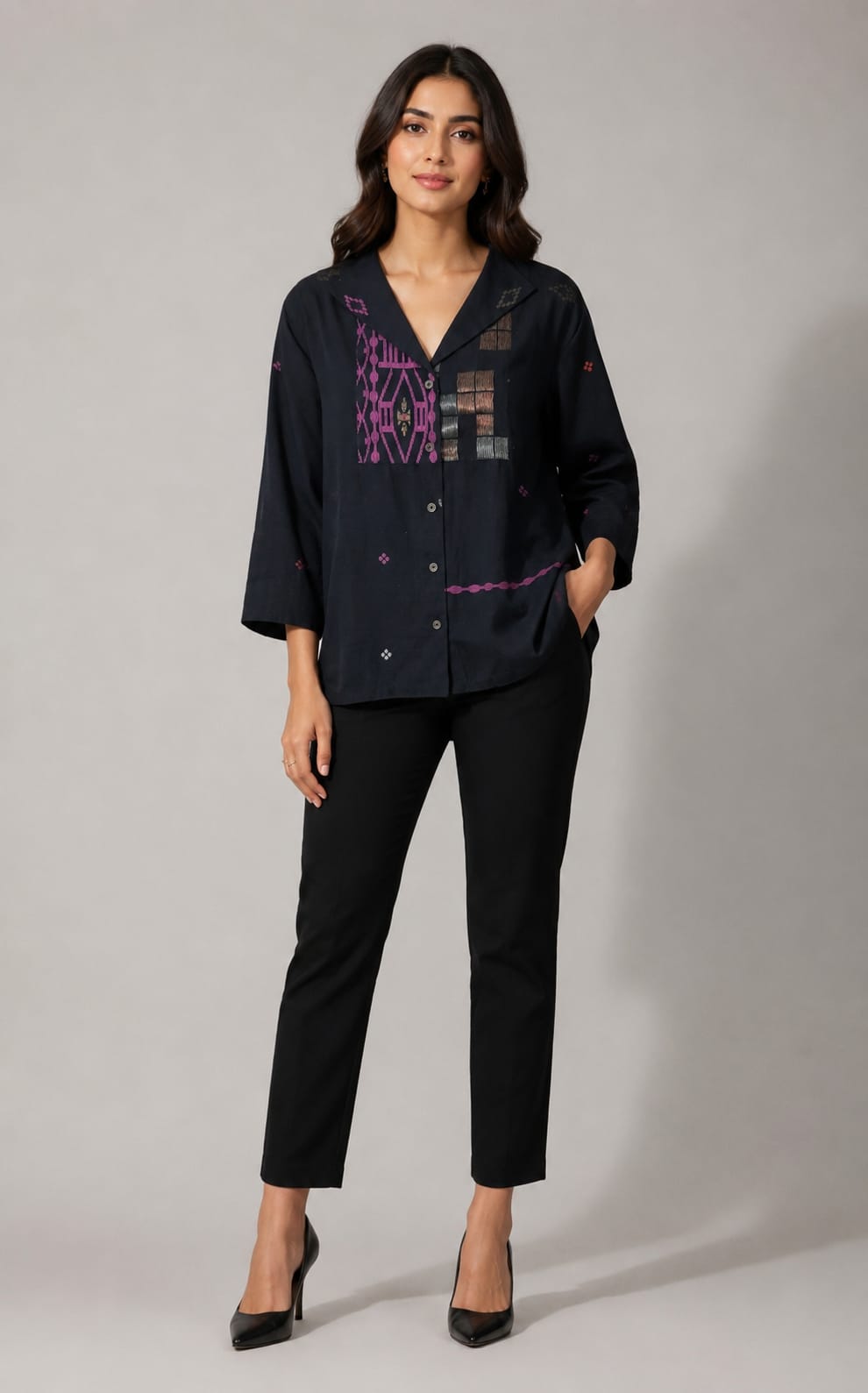 Patch shirt – Black with Pink Alpona Jamdani - CiceroniWomen ShirtsBhomra