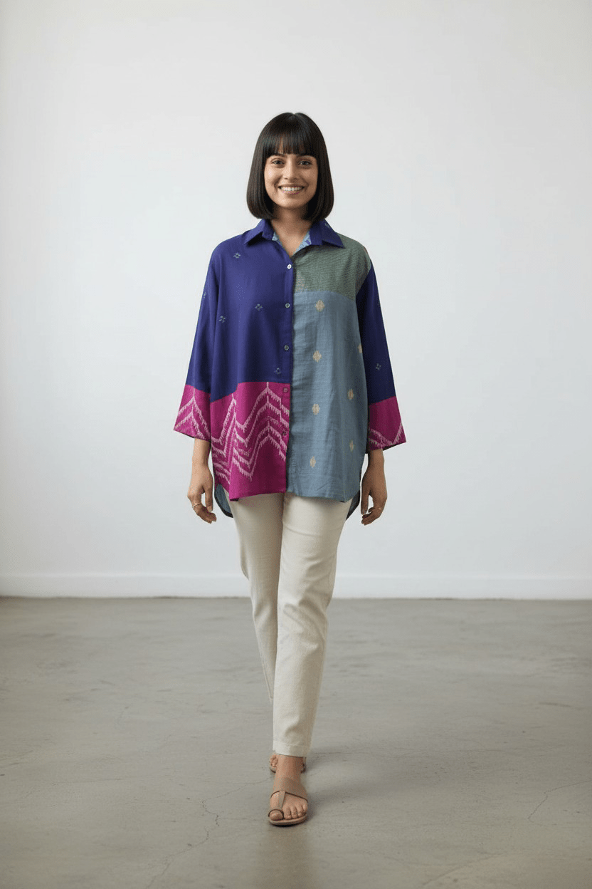 Patch Shirt – Mid Night Blue Jamdani - CiceroniWomen ShirtsBhomra