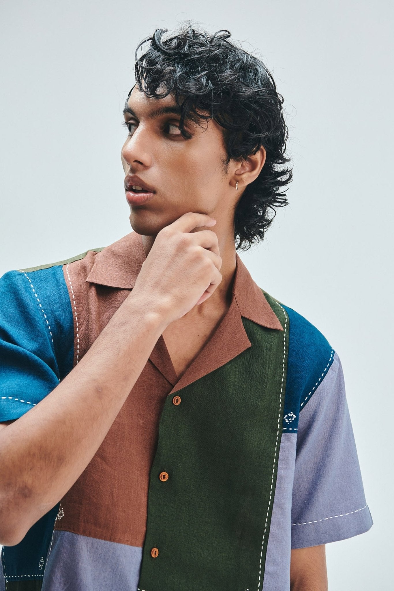 Patchwork Linen Men's Camp Collar Shirt Set - CiceroniCo-ord SetSaphed