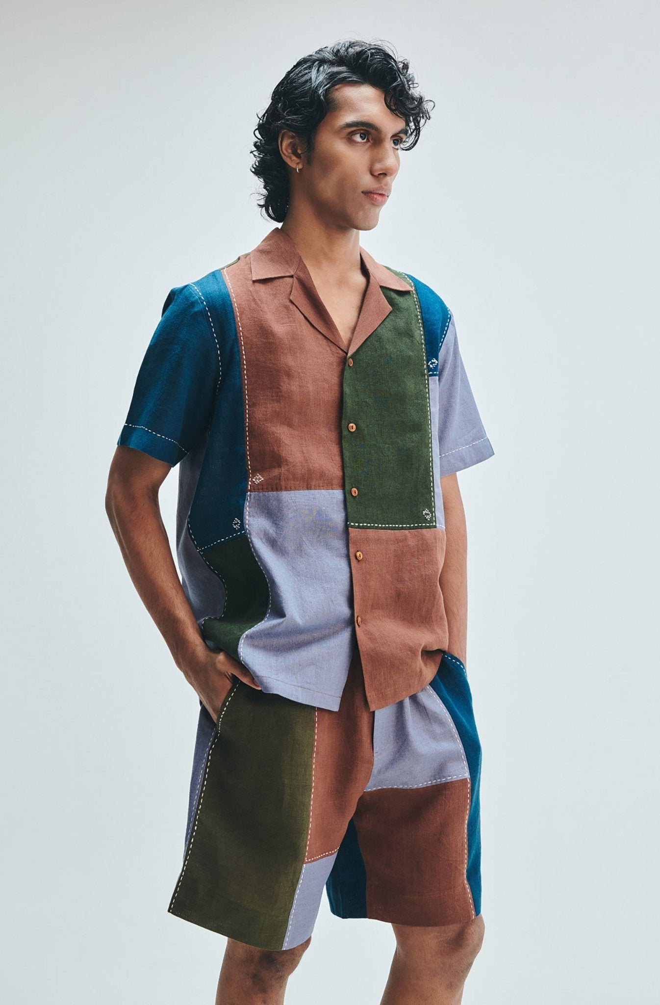 Patchwork Linen Men's Camp Collar Shirt Set - CiceroniCo-ord SetSaphed
