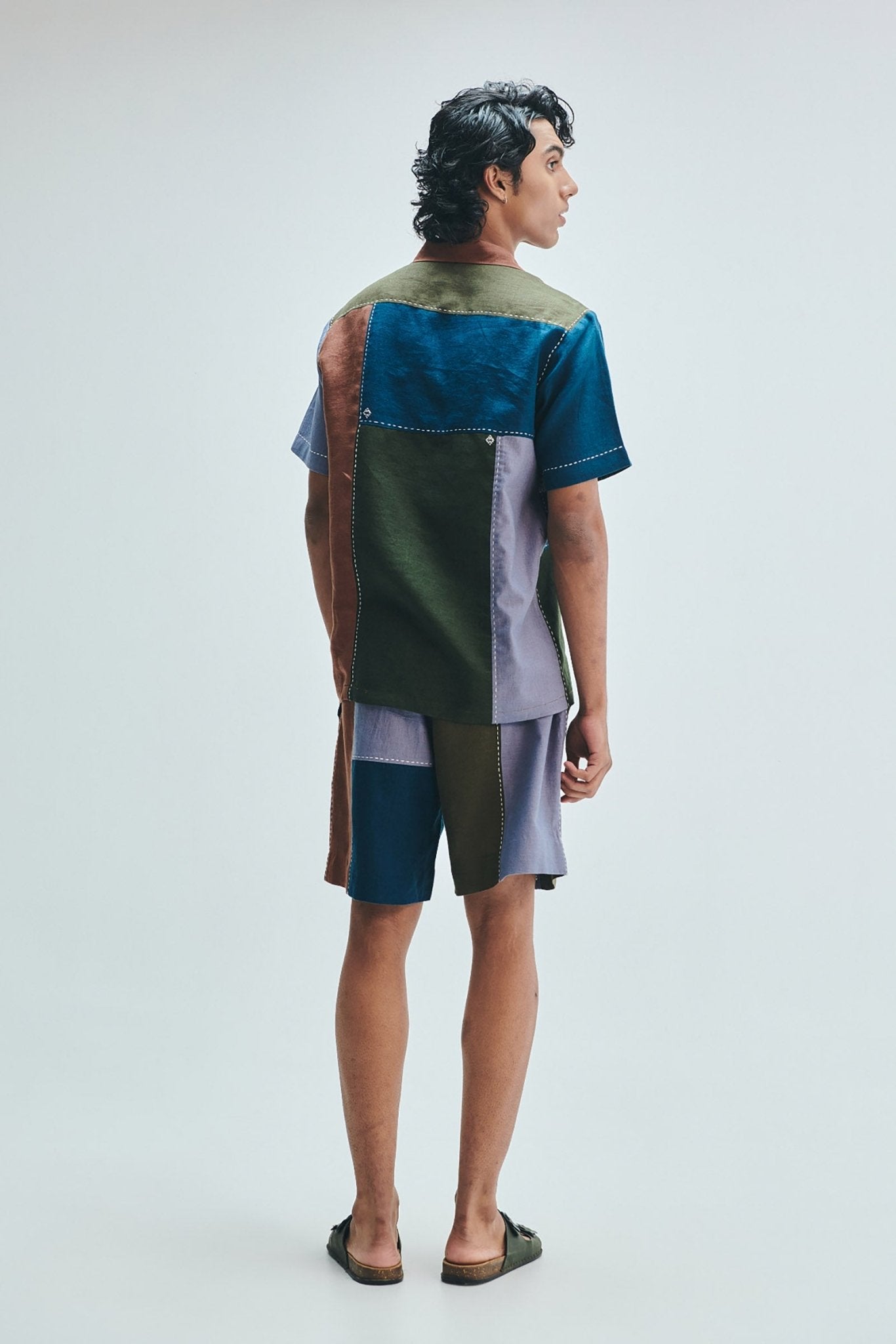 Patchwork Linen Men's Camp Collar Shirt Set - CiceroniCo-ord SetSaphed