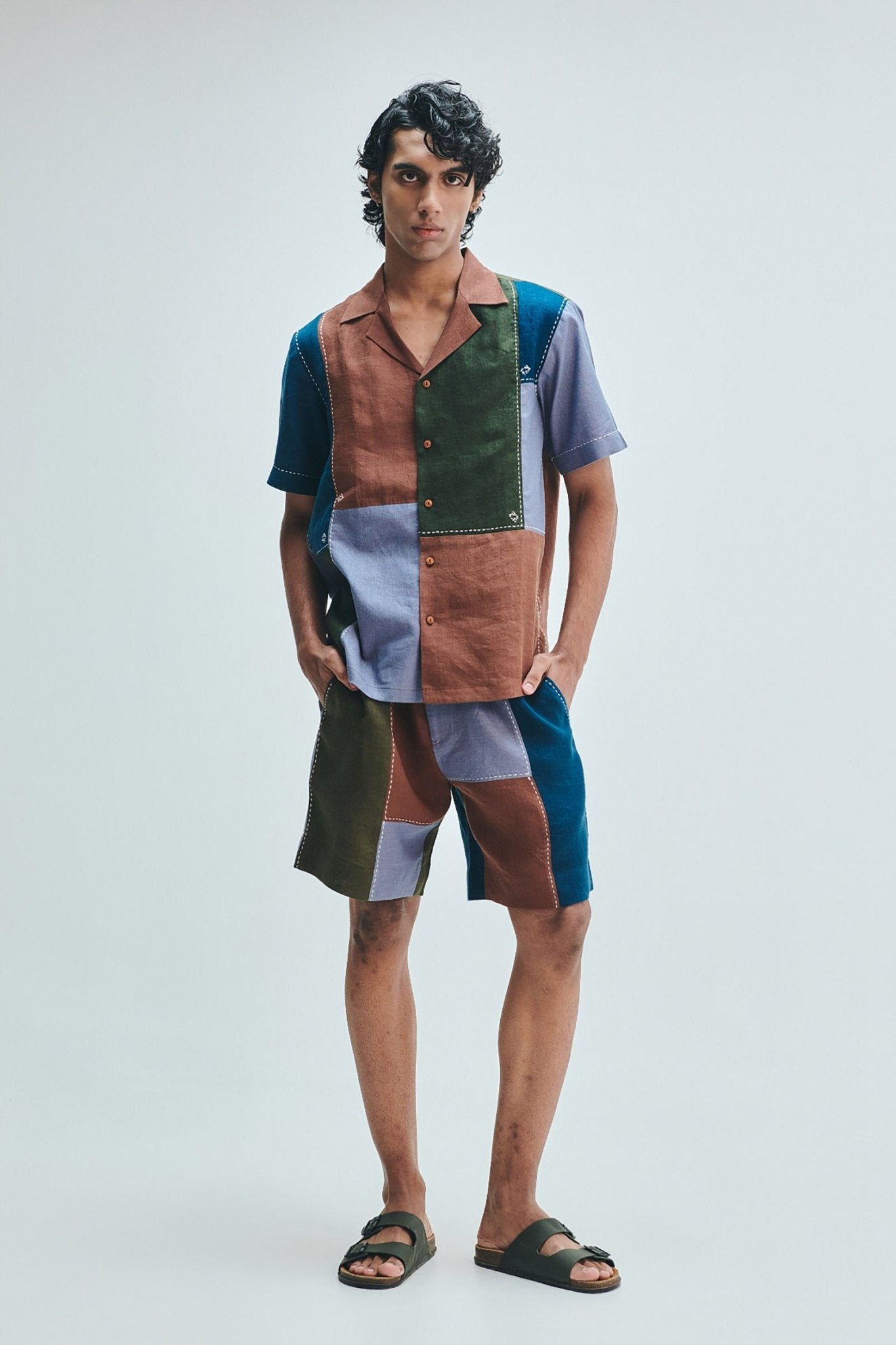 Patchwork Linen Men's Camp Collar Shirt Set - CiceroniCo-ord SetSaphed