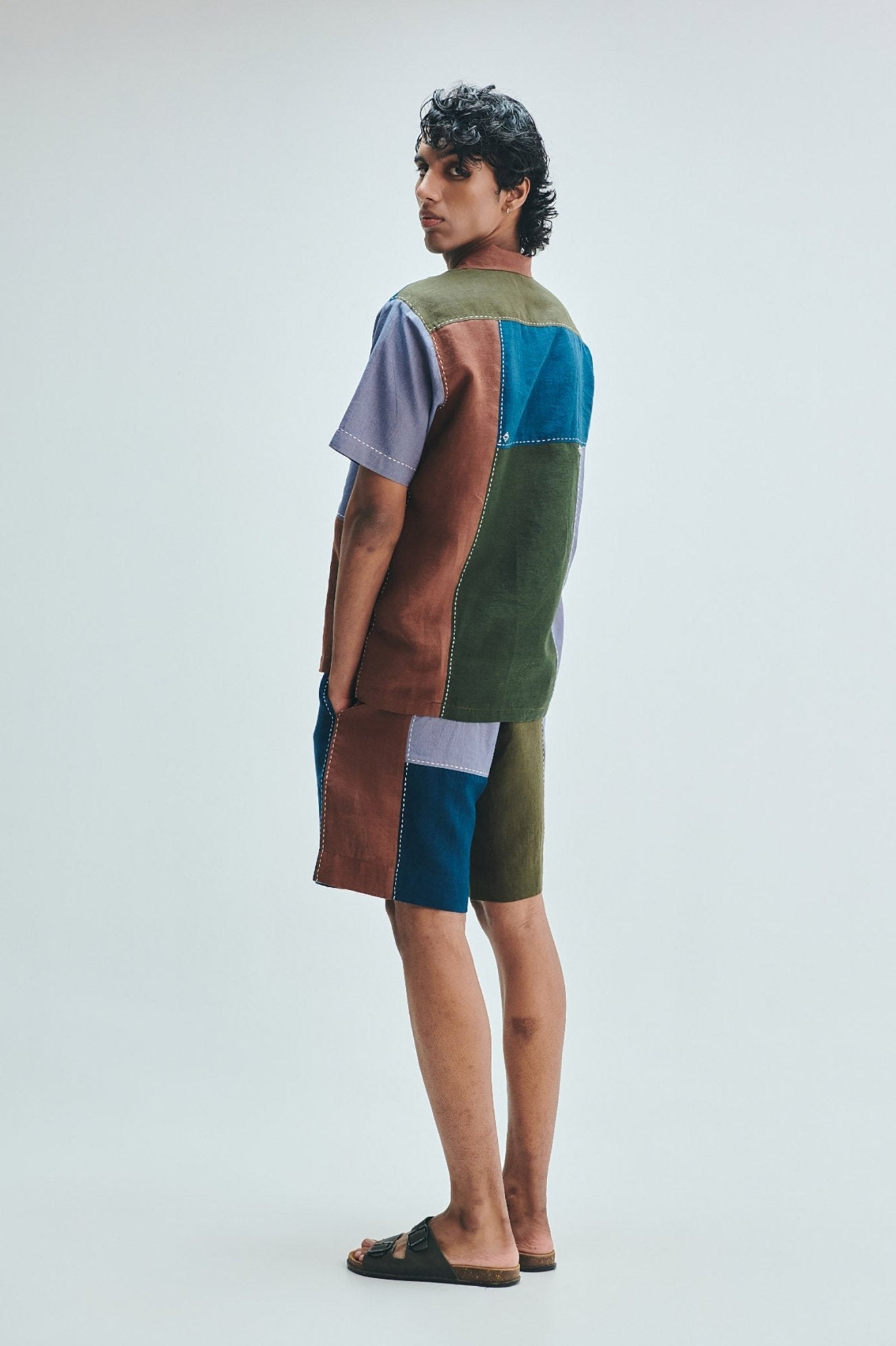 Patchwork Linen Men's Camp Collar Shirt Set - CiceroniCo-ord SetSaphed