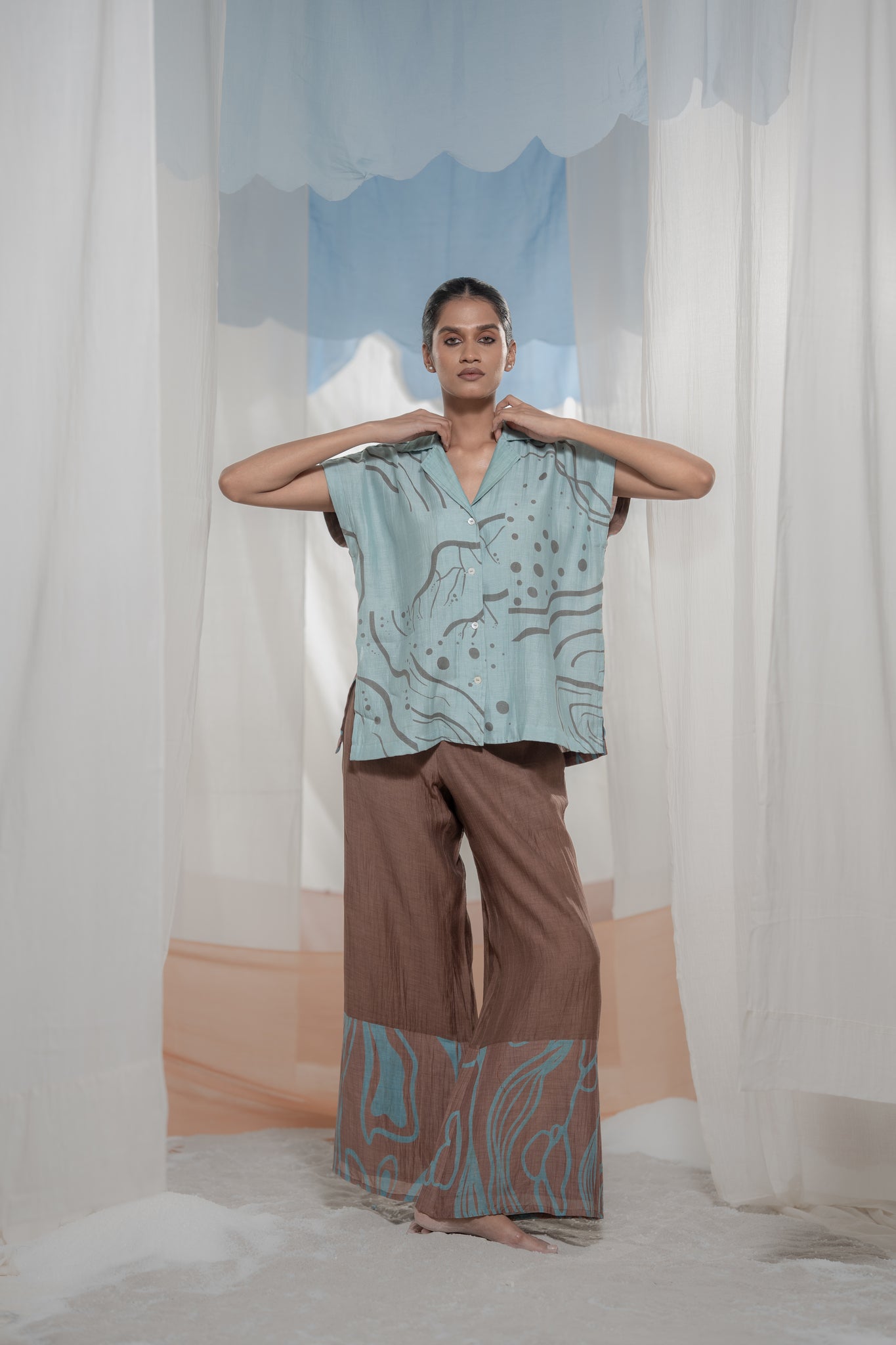 Pathway Shirt - Brown & Light Blue - CiceroniWomen ShirtsAmoda - Essence Of India