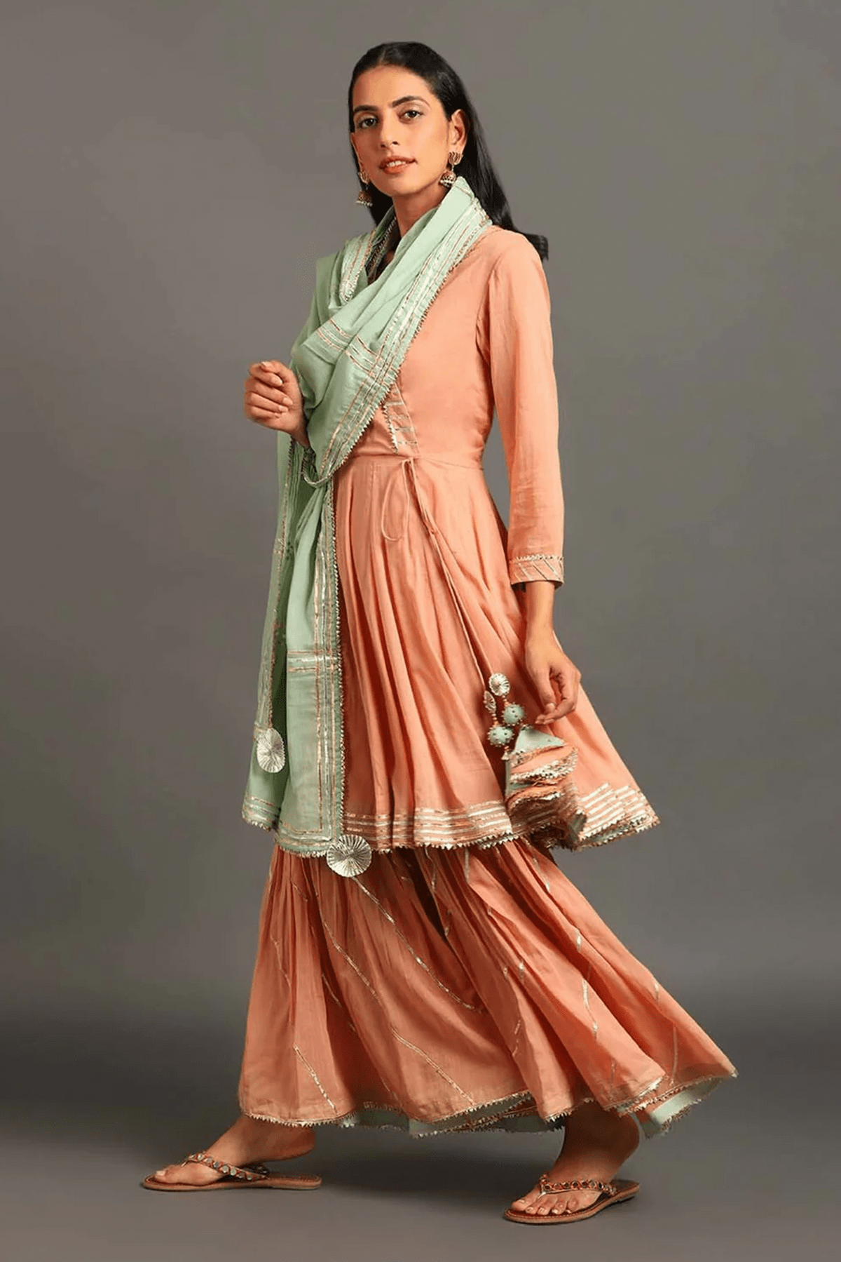 Peach Gul Angarkha Suit - CiceroniKurta Set, Festive WearOmaana