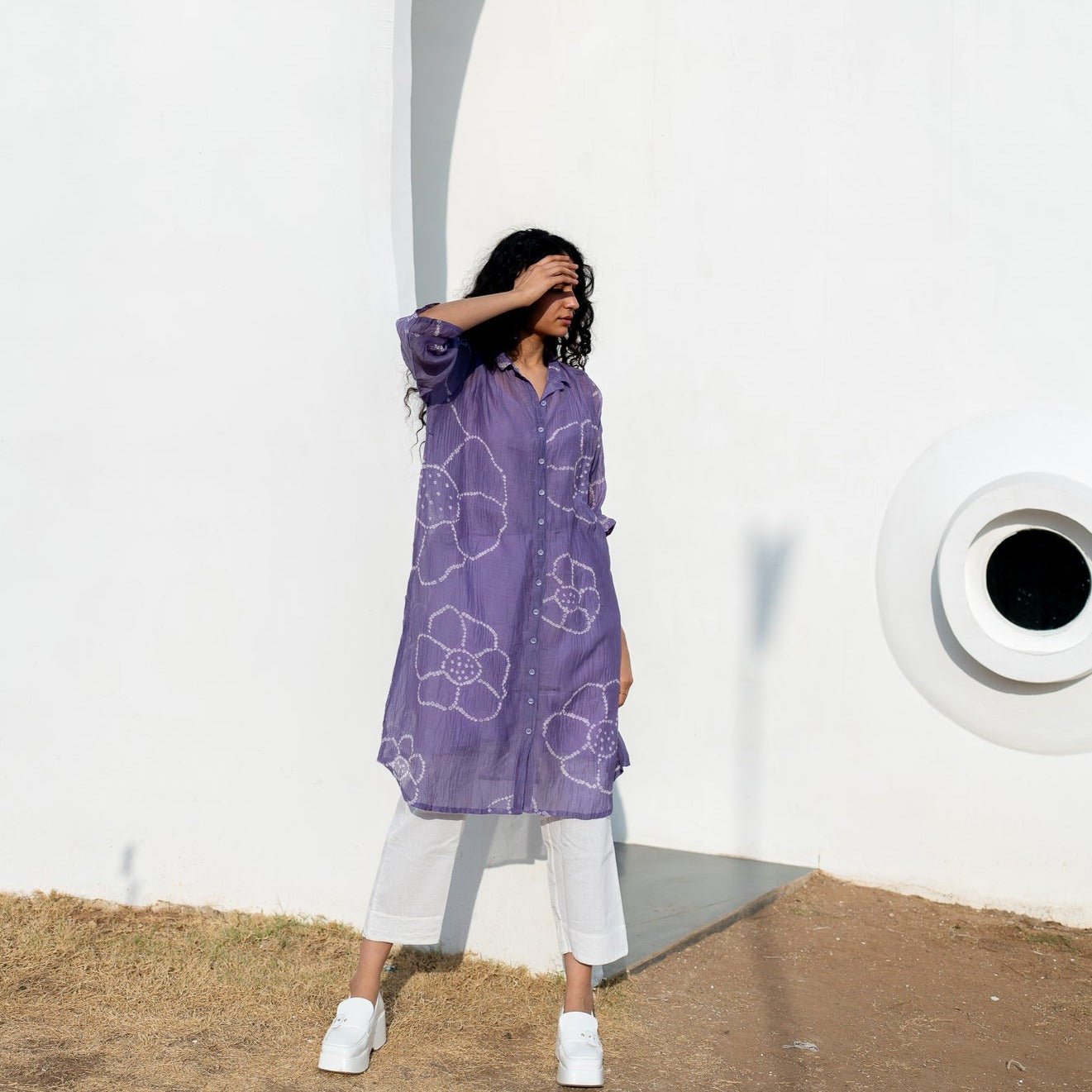 Periwinkle Bandhej Tunic with white Pants - CiceroniKurta SetSilai Studio