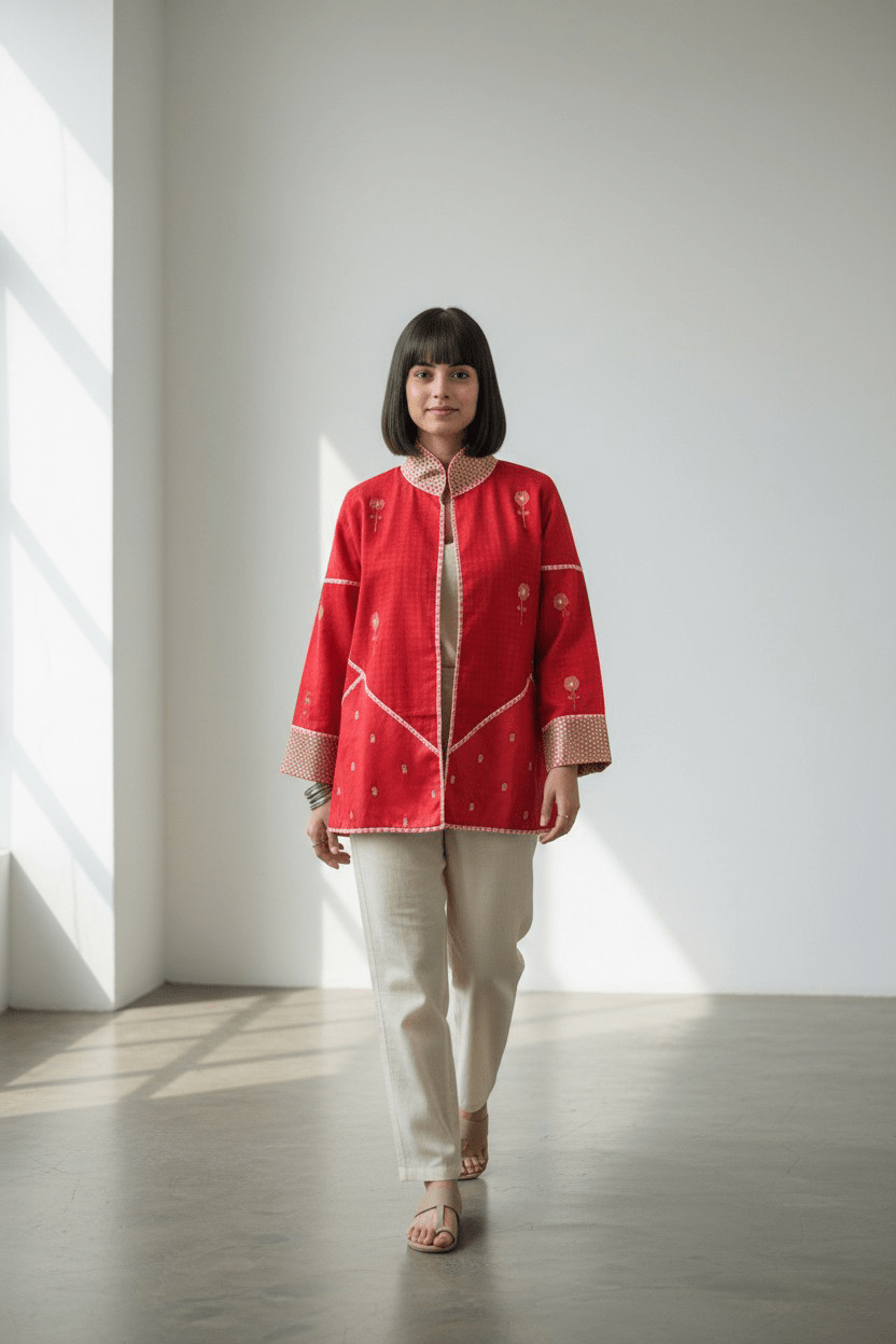 Phool Bomber – Red Flower Jamdani - CiceroniJacketsBhomra