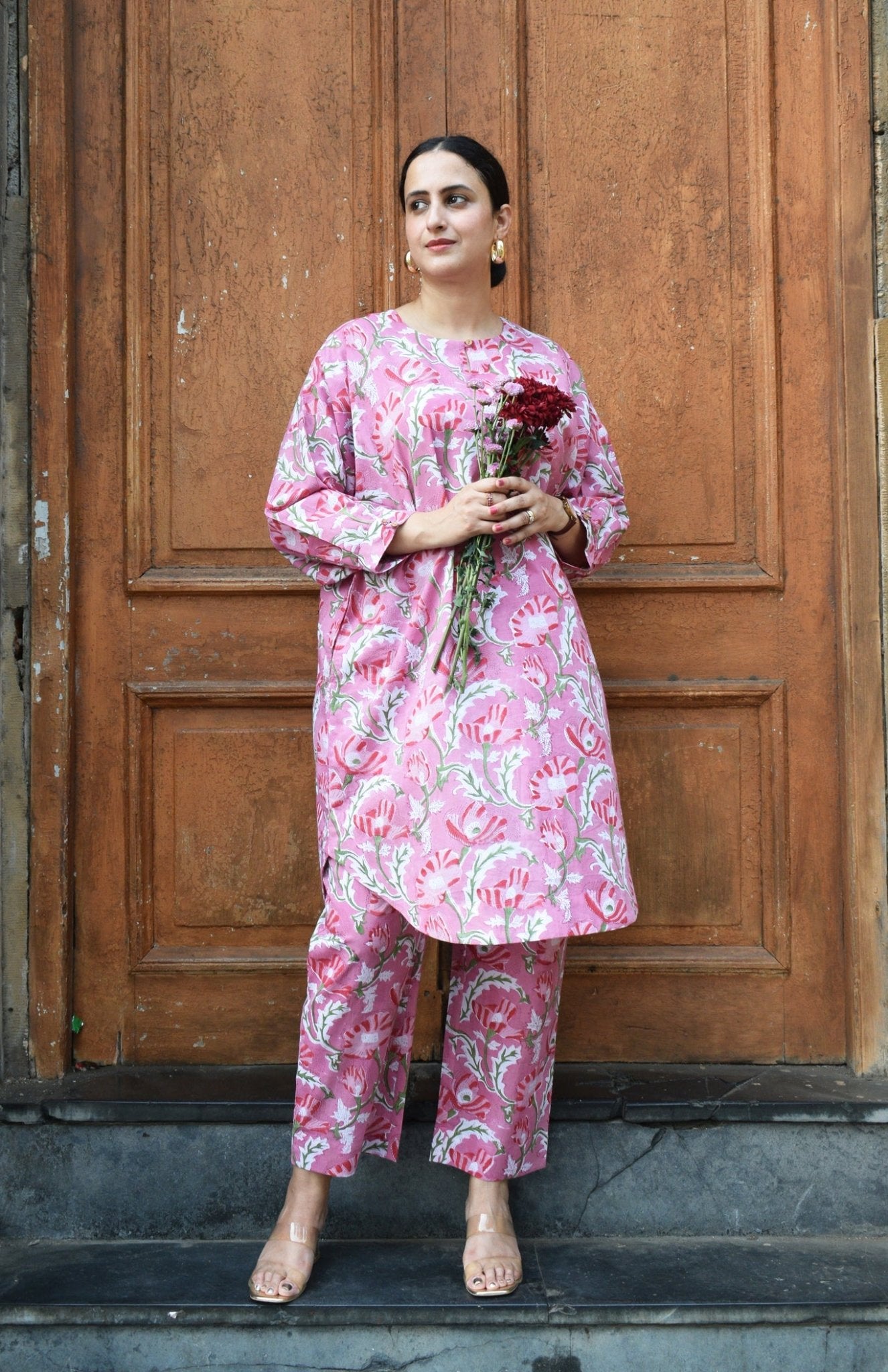 Pink and White Hand Block Printed Anti Fit Co - ord Set - CiceroniKurta Set, Everyday WearHouse of Moxa