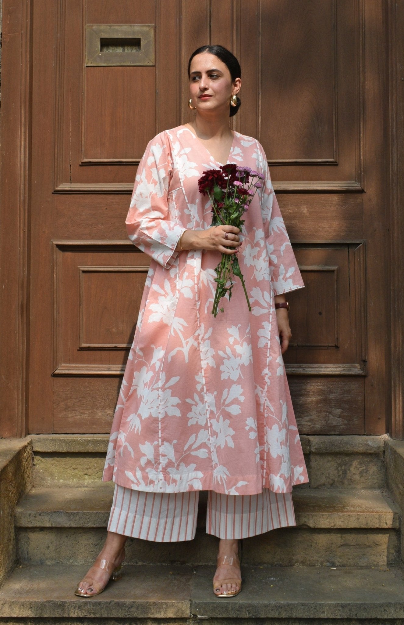 Pink Floral Paneled Kurta with Striped Pajama - CiceroniKurta Set, Everyday WearHouse of Moxa