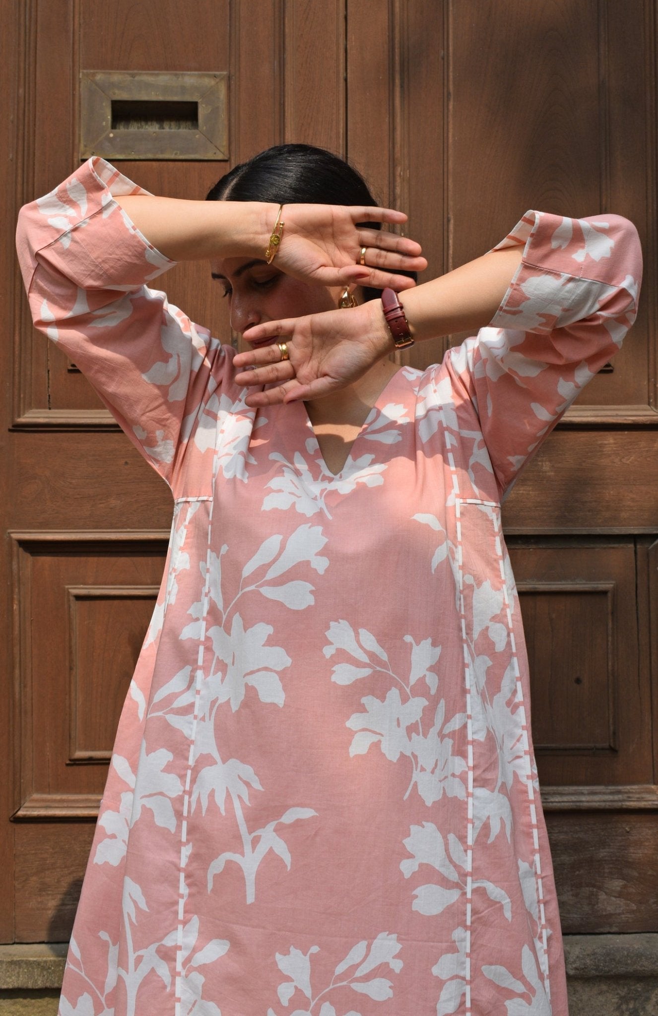 Pink Floral Paneled Kurta with Striped Pajama - CiceroniKurta Set, Everyday WearHouse of Moxa
