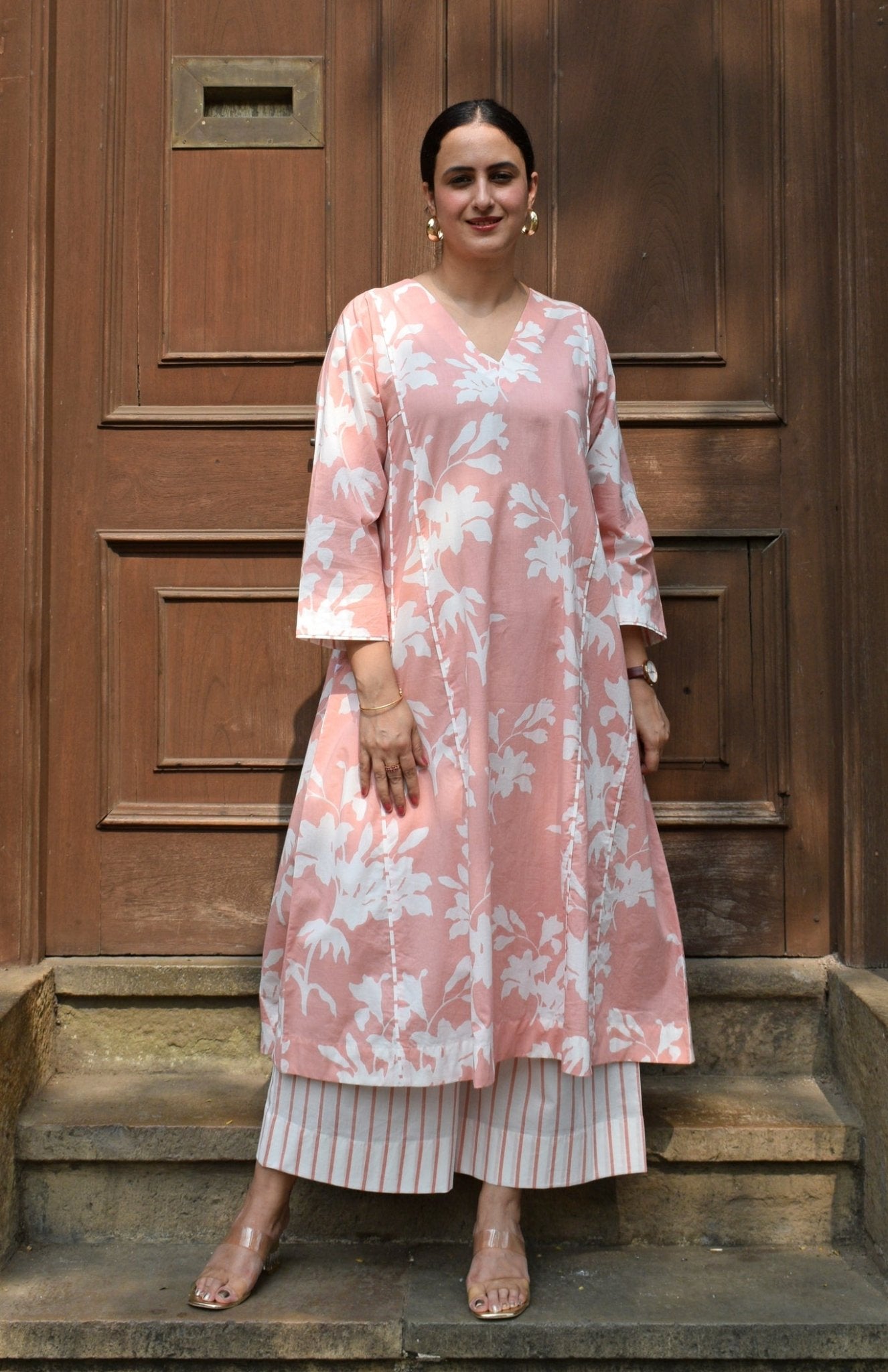 Pink Floral Paneled Kurta with Striped Pajama - CiceroniKurta Set, Everyday WearHouse of Moxa