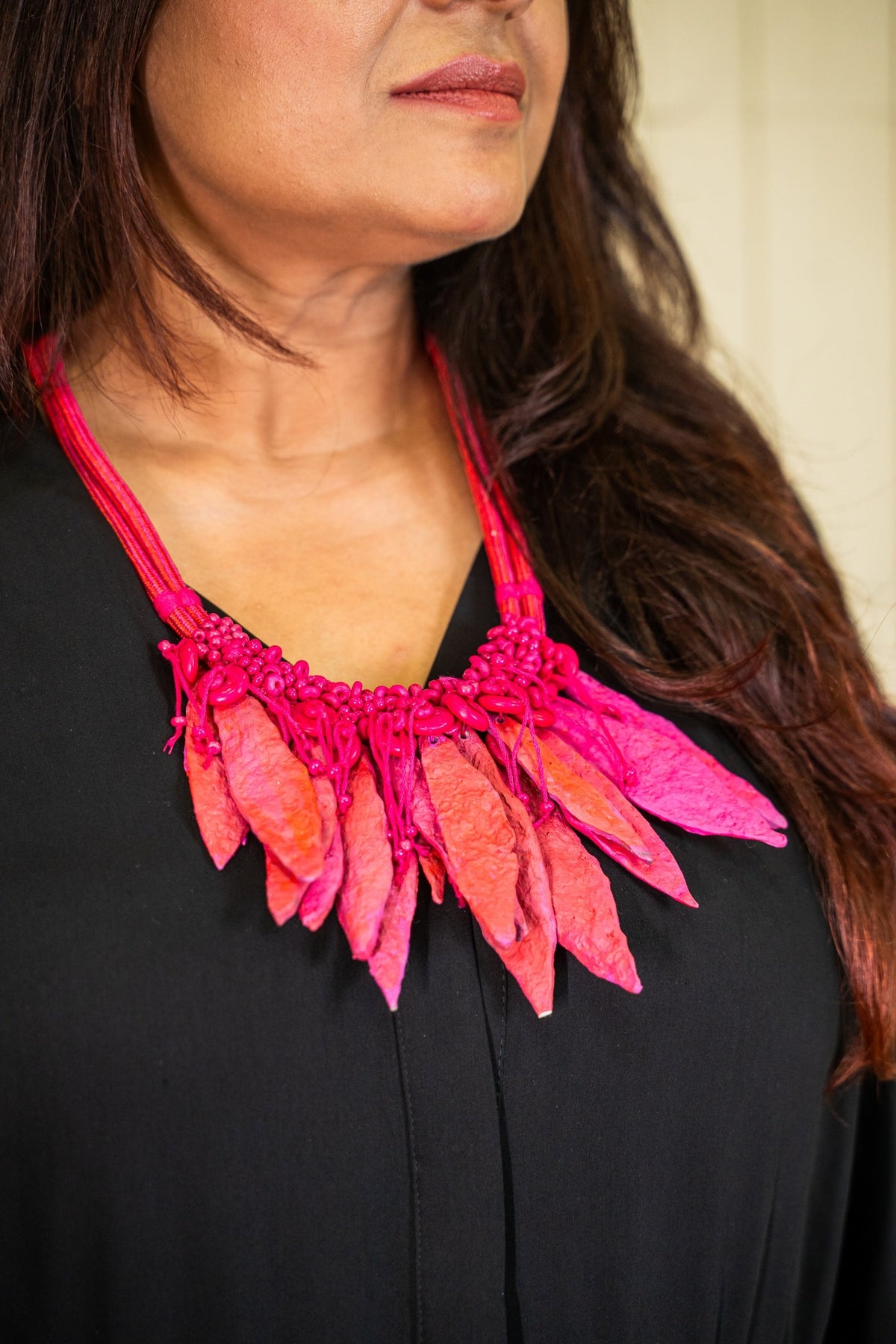 Pink Ombre Leaf Fringe Statement Necklace - CiceroniNeckpieceBoundless by Shilpi