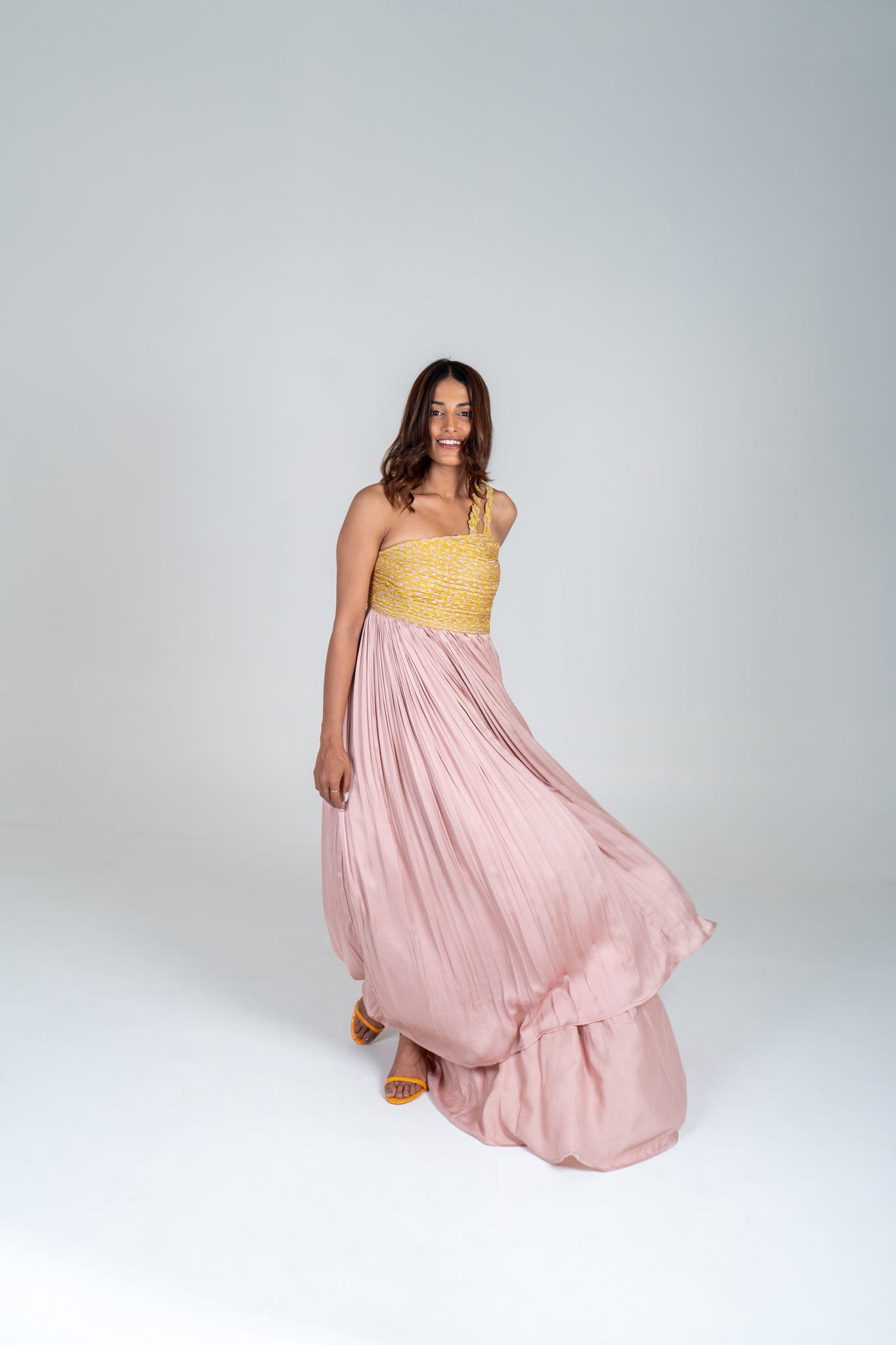 Pink - Yellow Braided Bustier Gather Gown - CiceroniDressesNeora