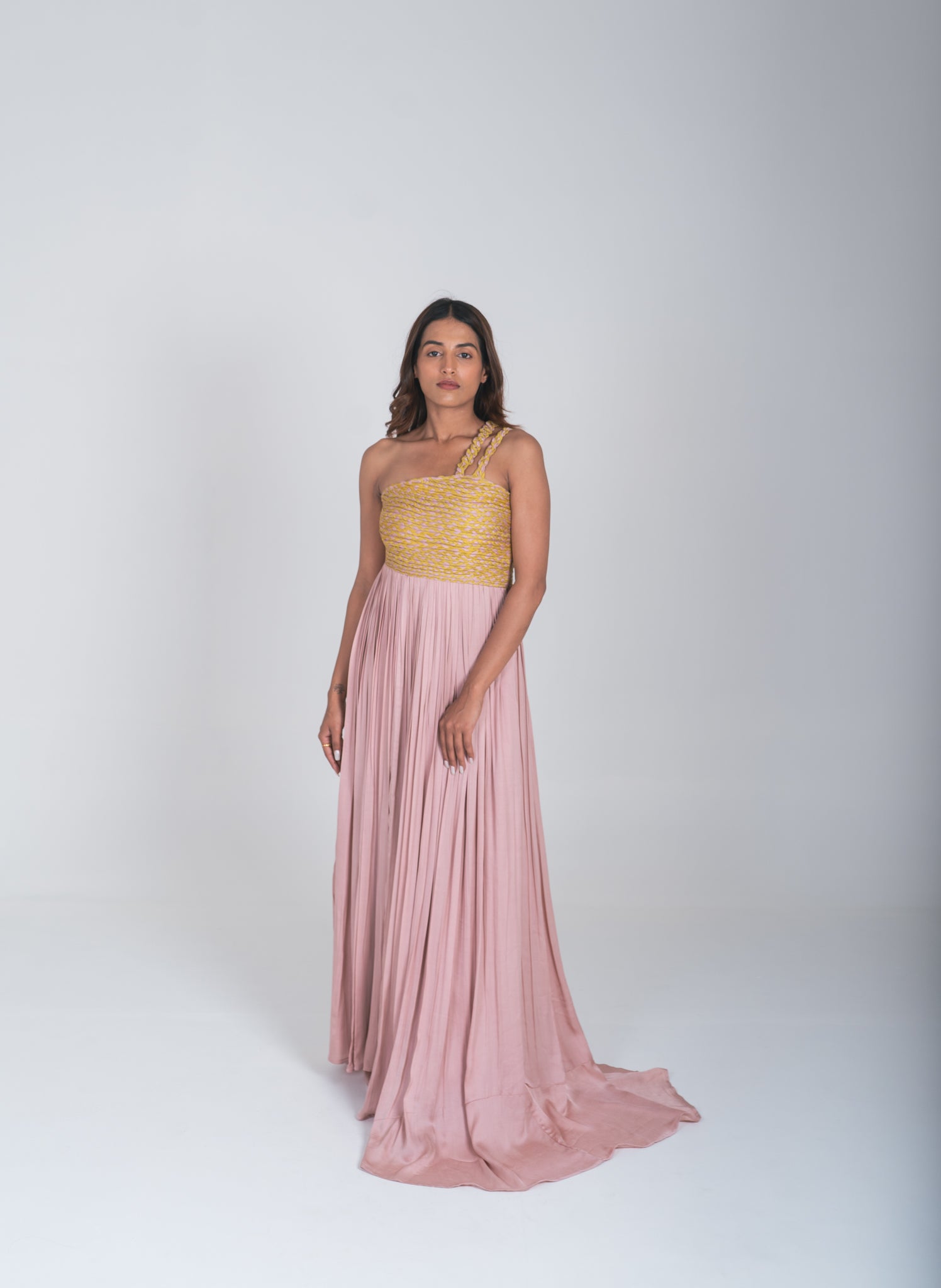 Pink - Yellow Braided Bustier Gather Gown - CiceroniDressesNeora
