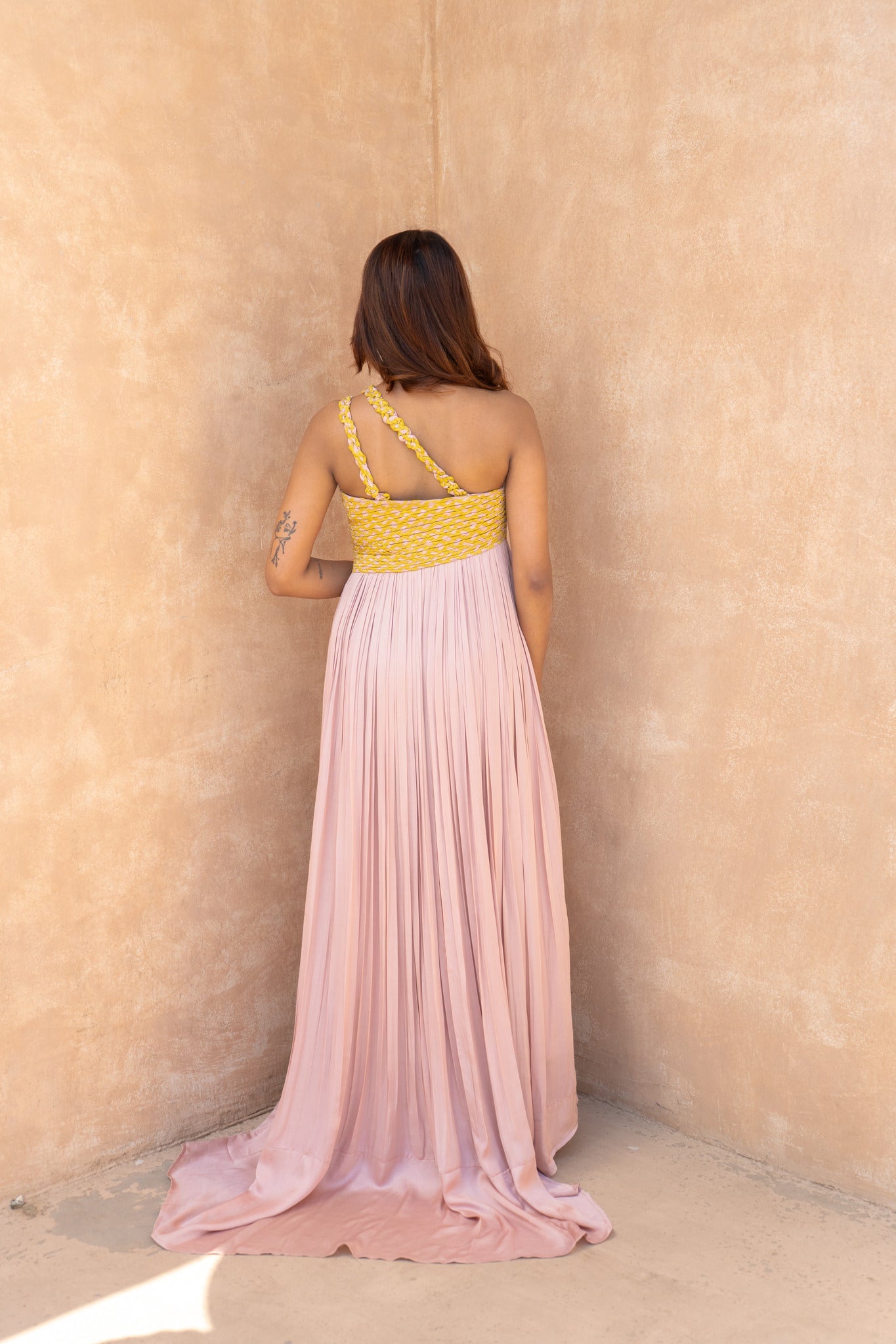 Pink - Yellow Braided Bustier Gather Gown - CiceroniDressesNeora