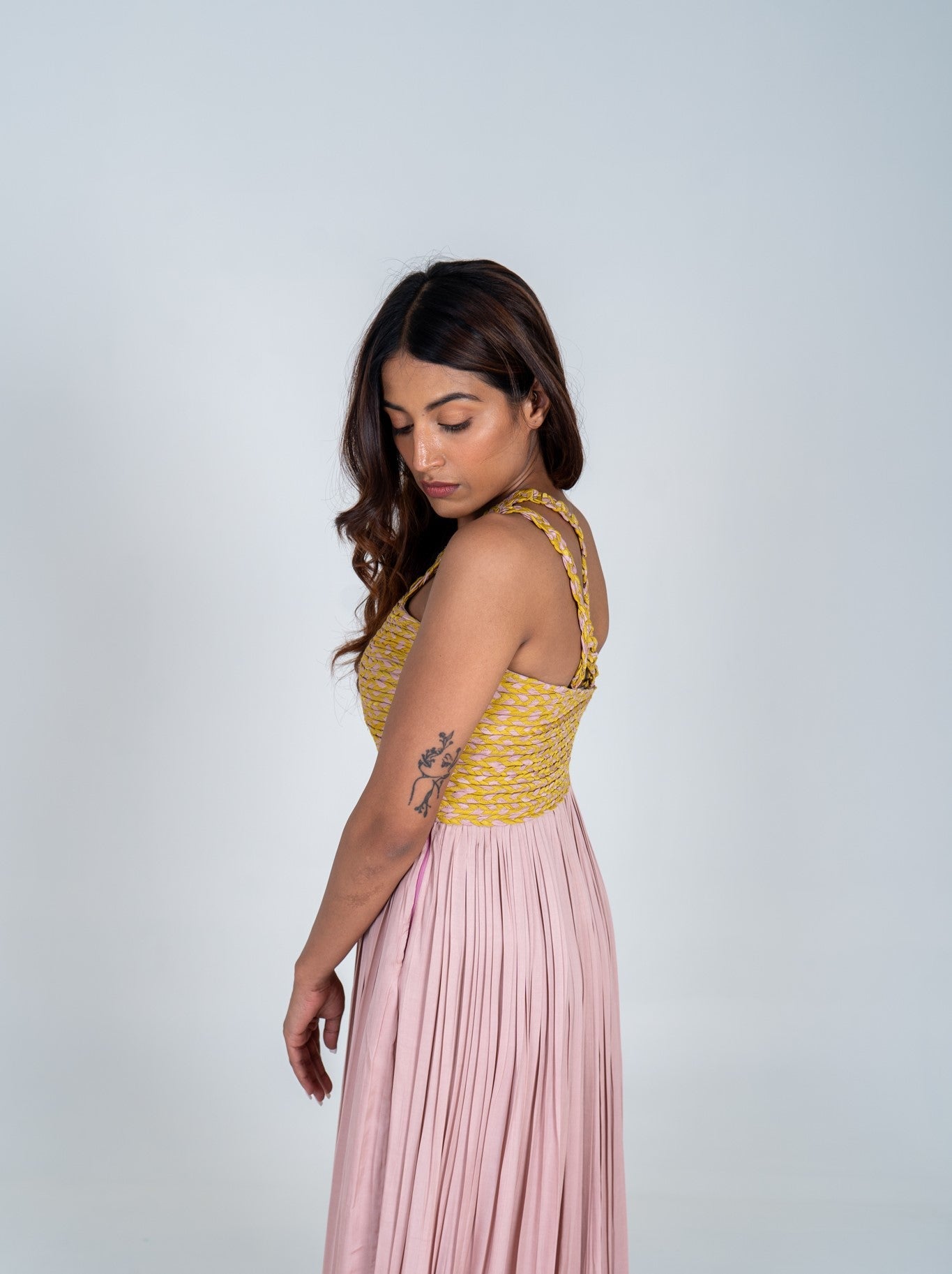 Pink - Yellow Braided Bustier Gather Gown - CiceroniDressesNeora