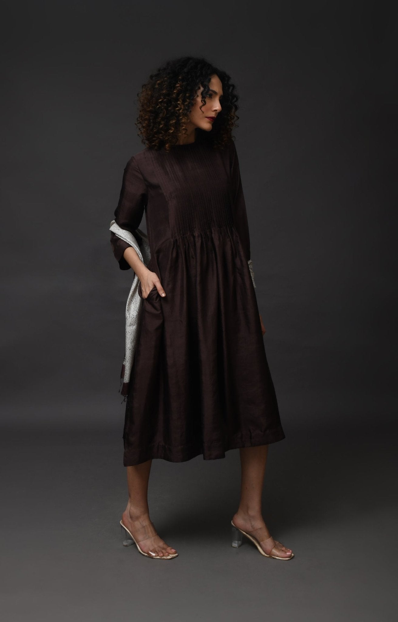 Pintucks Mulberry Silk Dress - Dark Brown - CiceroniDressesHiranya