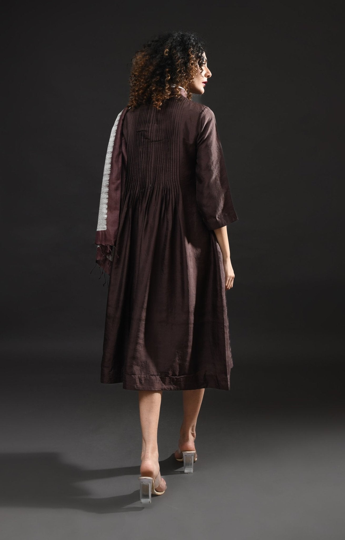 Pintucks Mulberry Silk Dress - Dark Brown - CiceroniDressesHiranya