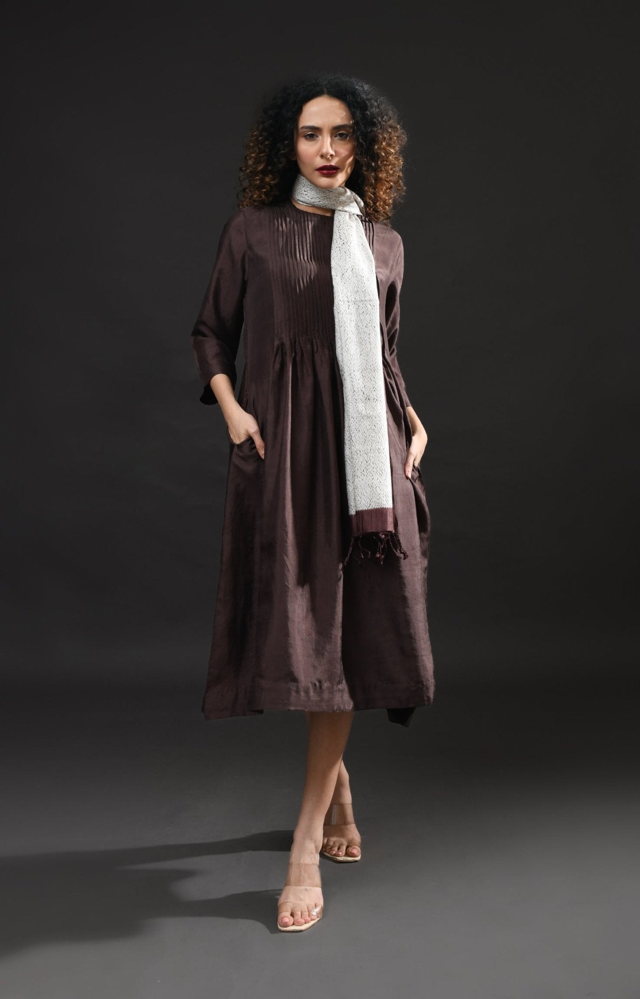 Pintucks Mulberry Silk Dress - Dark Brown - CiceroniDressesHiranya