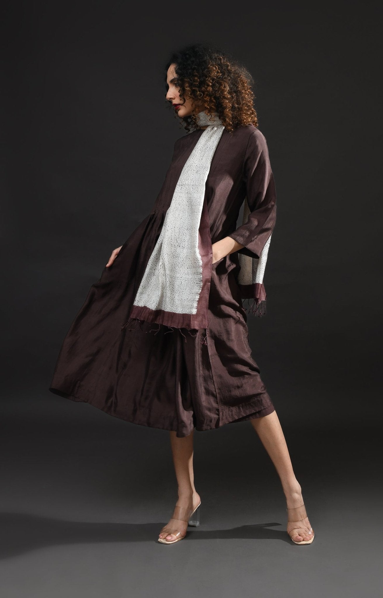 Pintucks Mulberry Silk Dress - Dark Brown - CiceroniDressesHiranya