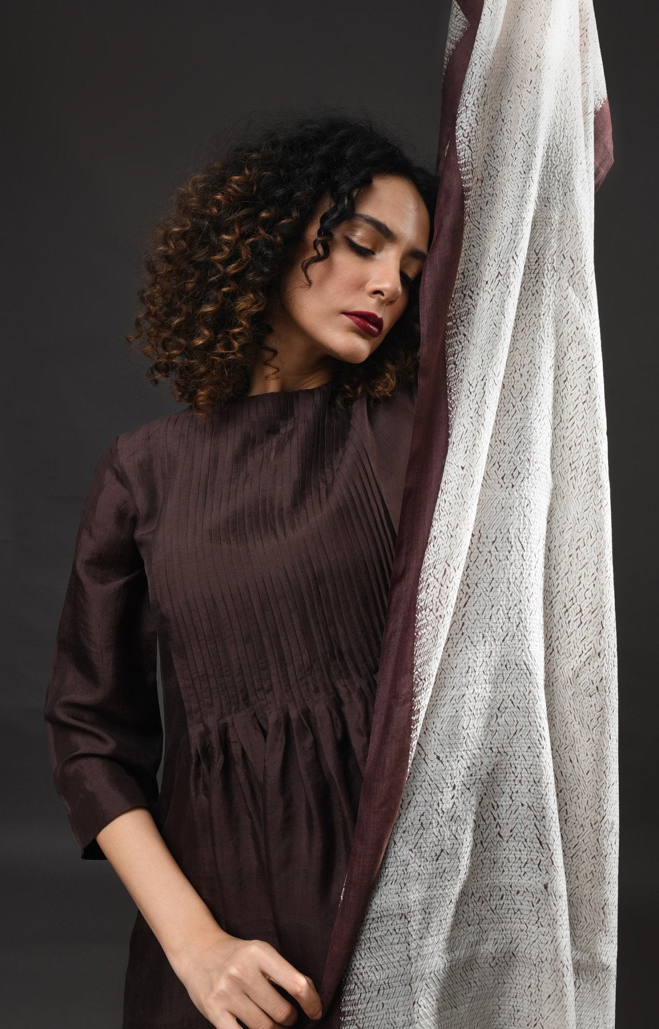 Pintucks Mulberry Silk Dress - Dark Brown - CiceroniDressesHiranya