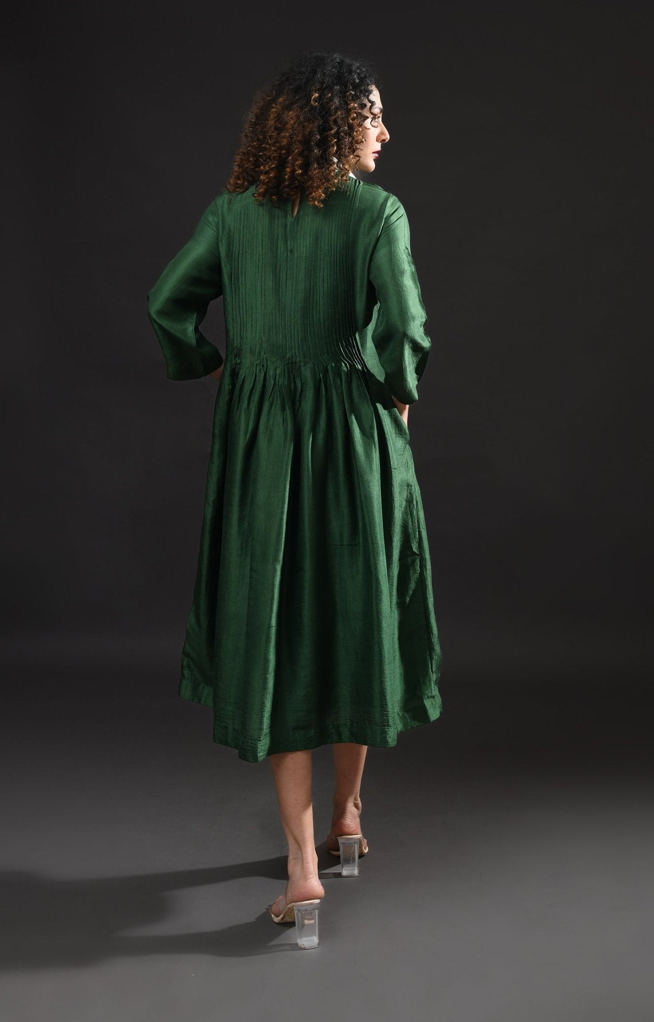 Pintucks Mulberry Silk Dress - Moss Green - CiceroniDressesHiranya