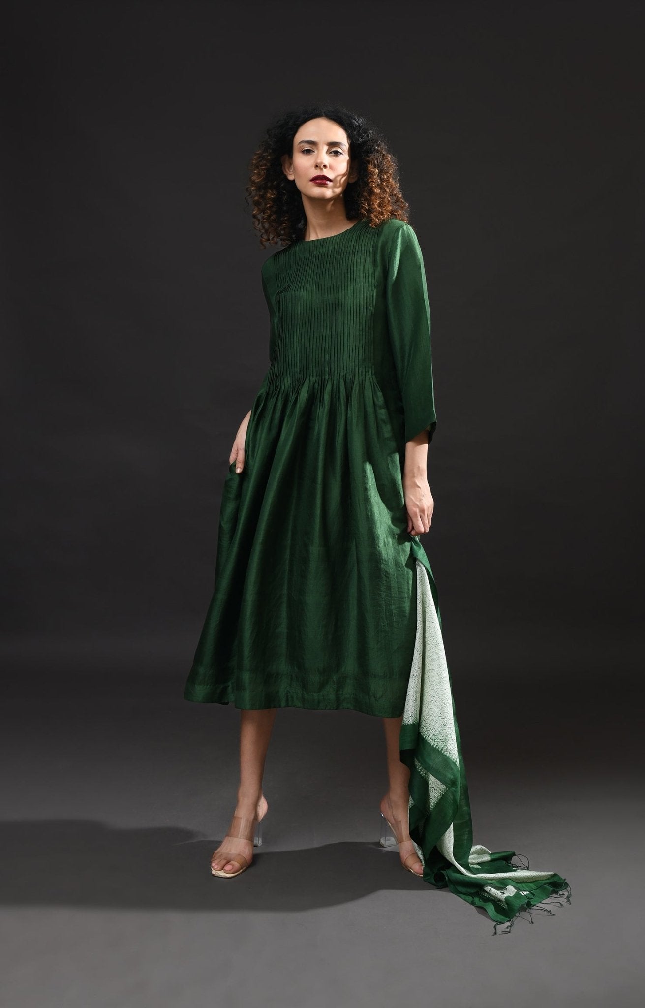 Pintucks Mulberry Silk Dress - Moss Green - CiceroniDressesHiranya