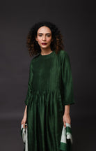 Pintucks Mulberry Silk Dress - Moss Green - CiceroniDressesHiranya