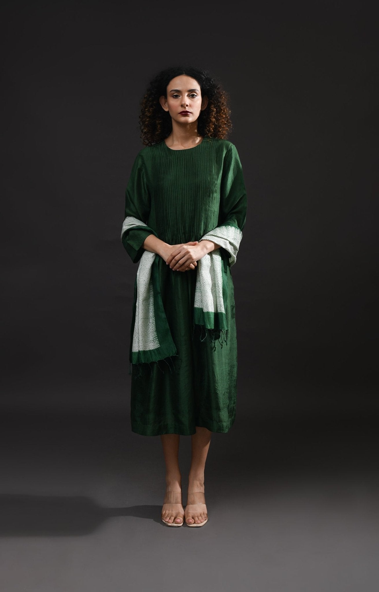 Pintucks Mulberry Silk Dress - Moss Green - CiceroniDressesHiranya