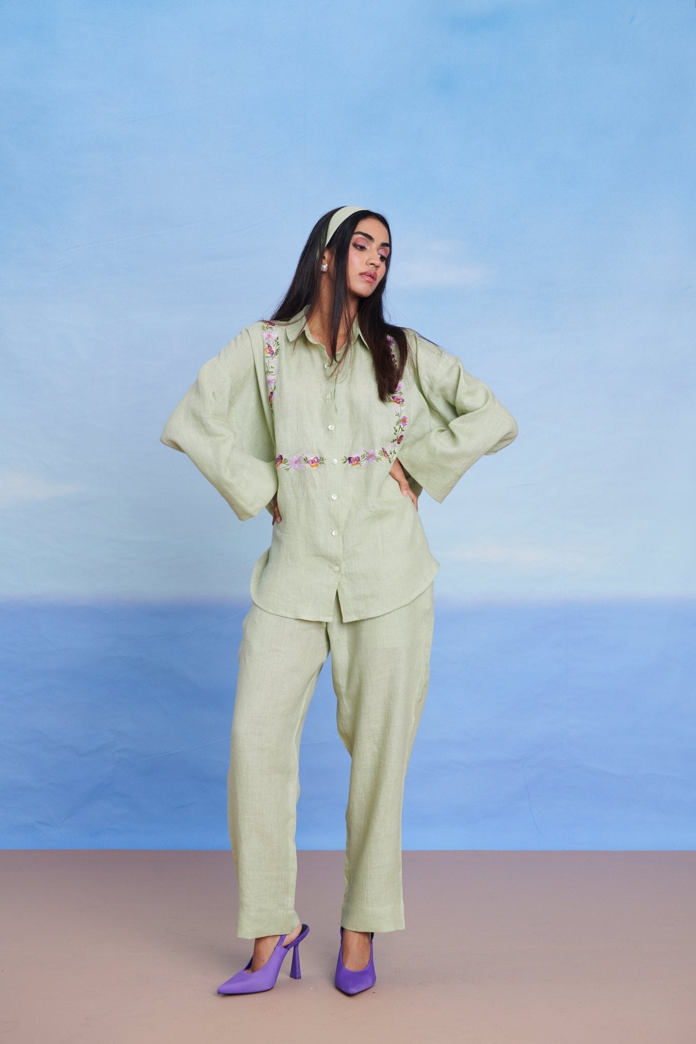 Pista Linen Oversized Flared Shirt Set - CiceroniCo - ord SetSaphed