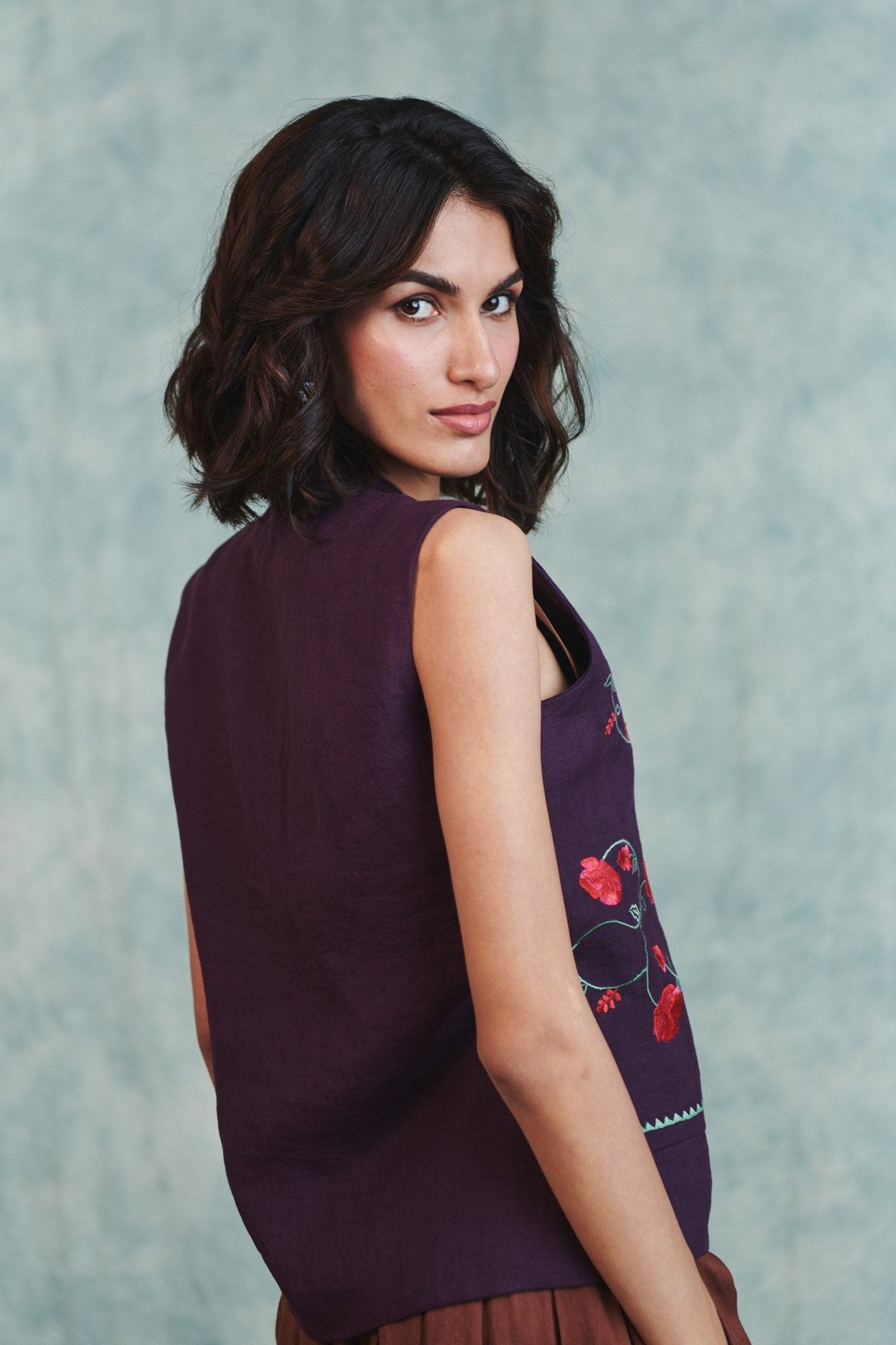 Plum Linen Embroidered Double Panel Waistcoat - CiceroniWaistcoatSaphed