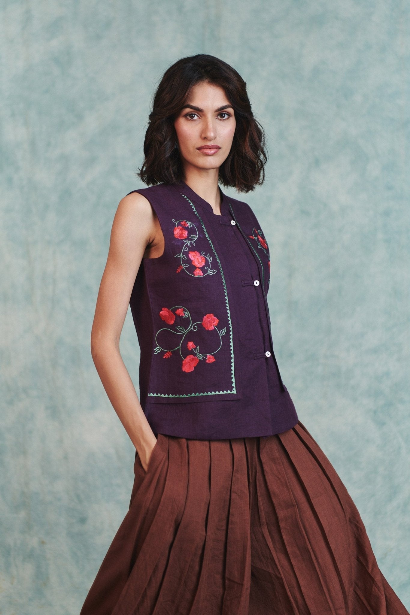 Plum Linen Embroidered Double Panel Waistcoat - CiceroniWaistcoatSaphed