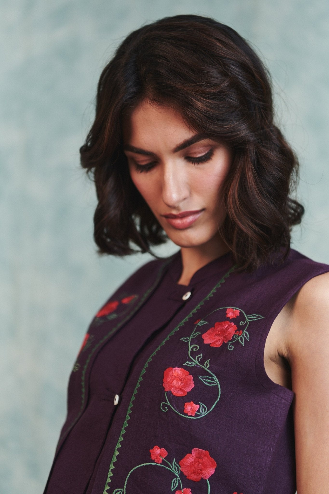 Plum Linen Embroidered Double Panel Waistcoat - CiceroniWaistcoatSaphed