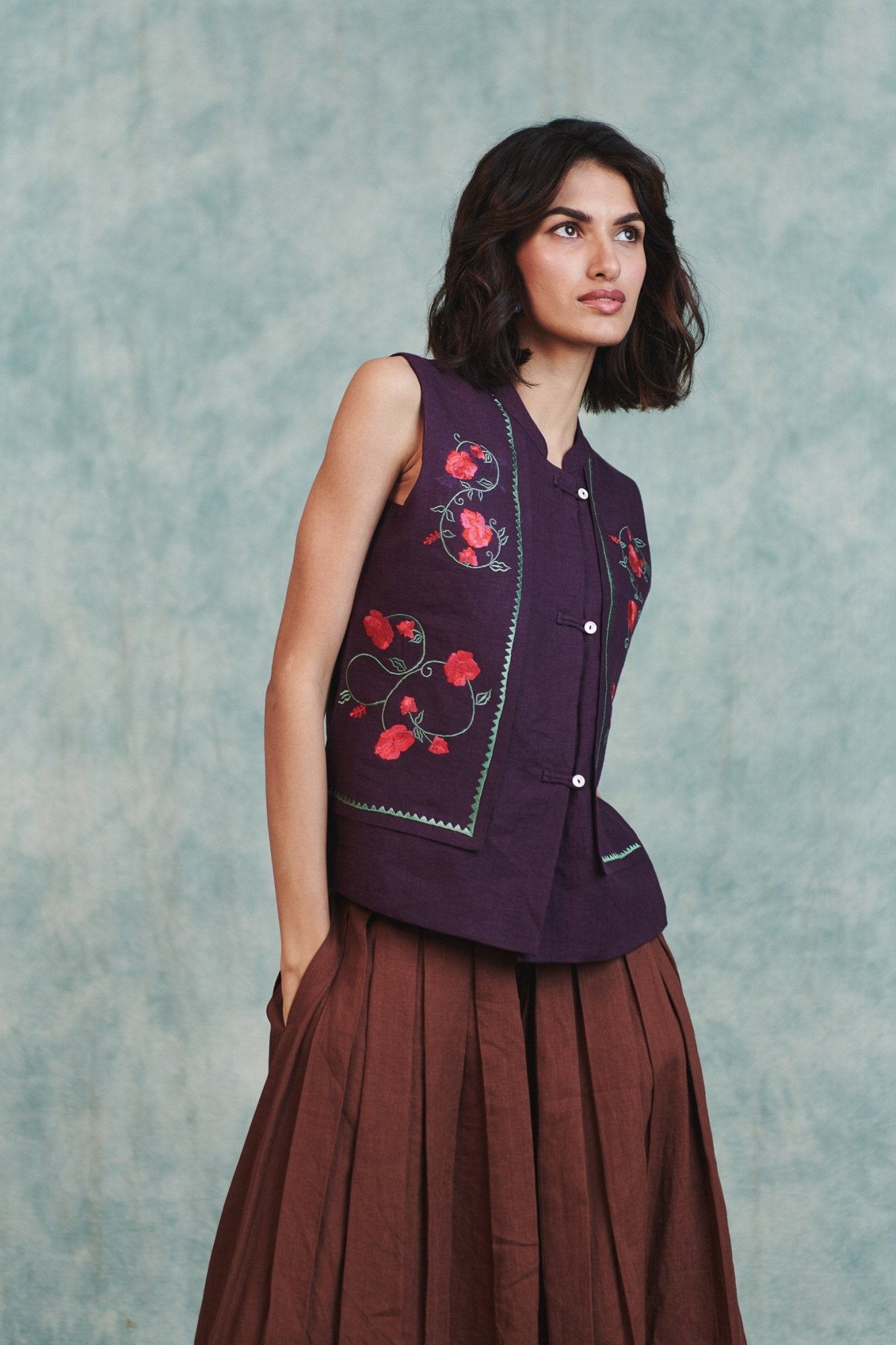 Plum Linen Embroidered Double Panel Waistcoat - CiceroniWaistcoatSaphed