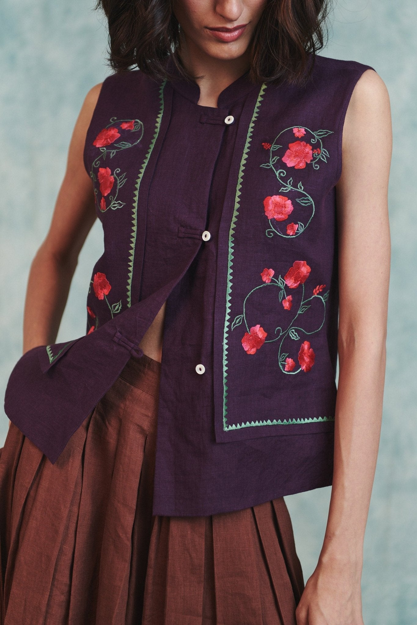 Plum Linen Embroidered Double Panel Waistcoat - CiceroniWaistcoatSaphed