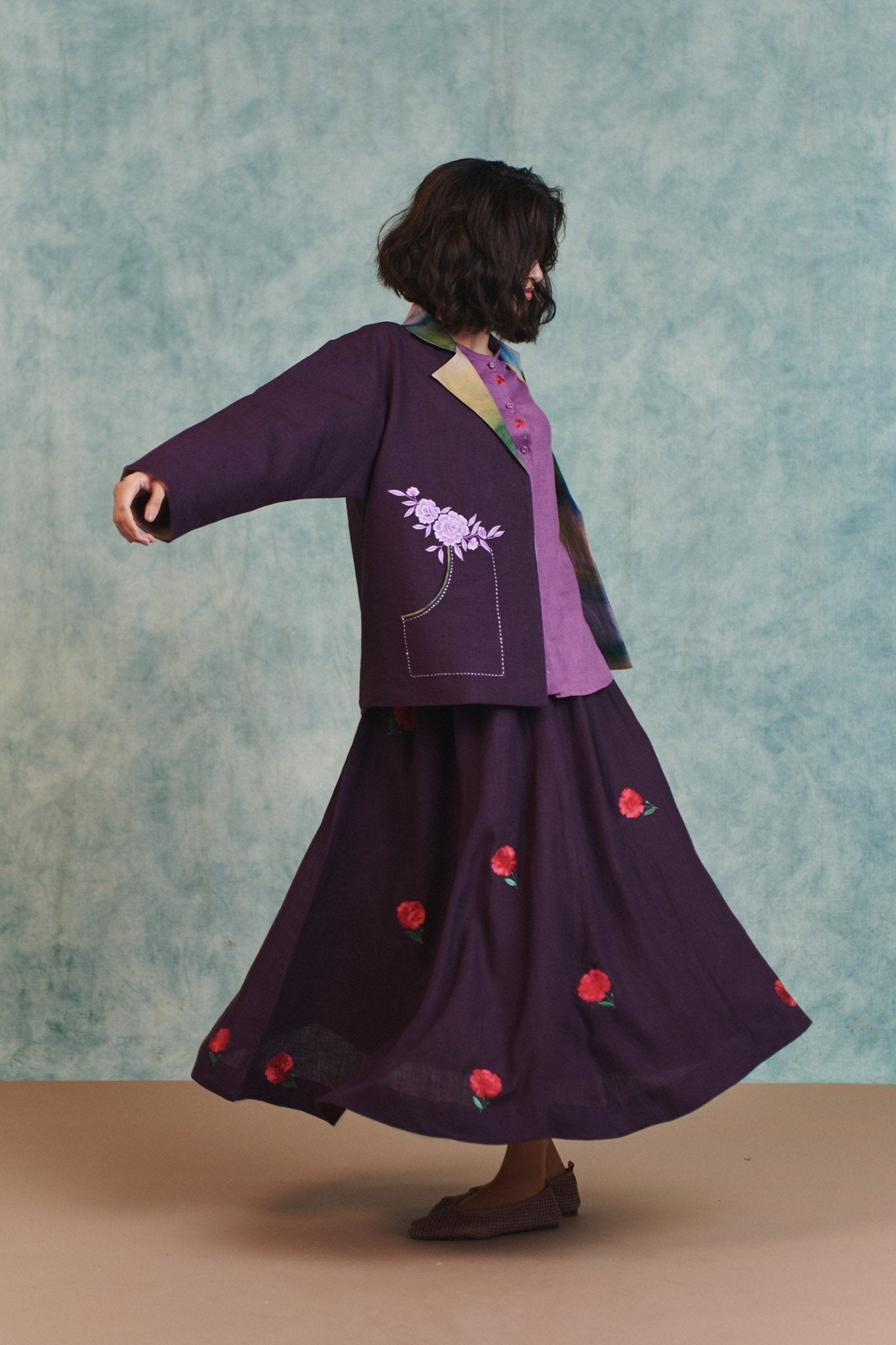 Plum Linen Embroidered Flared Skirt - CiceroniSkirtsSaphed