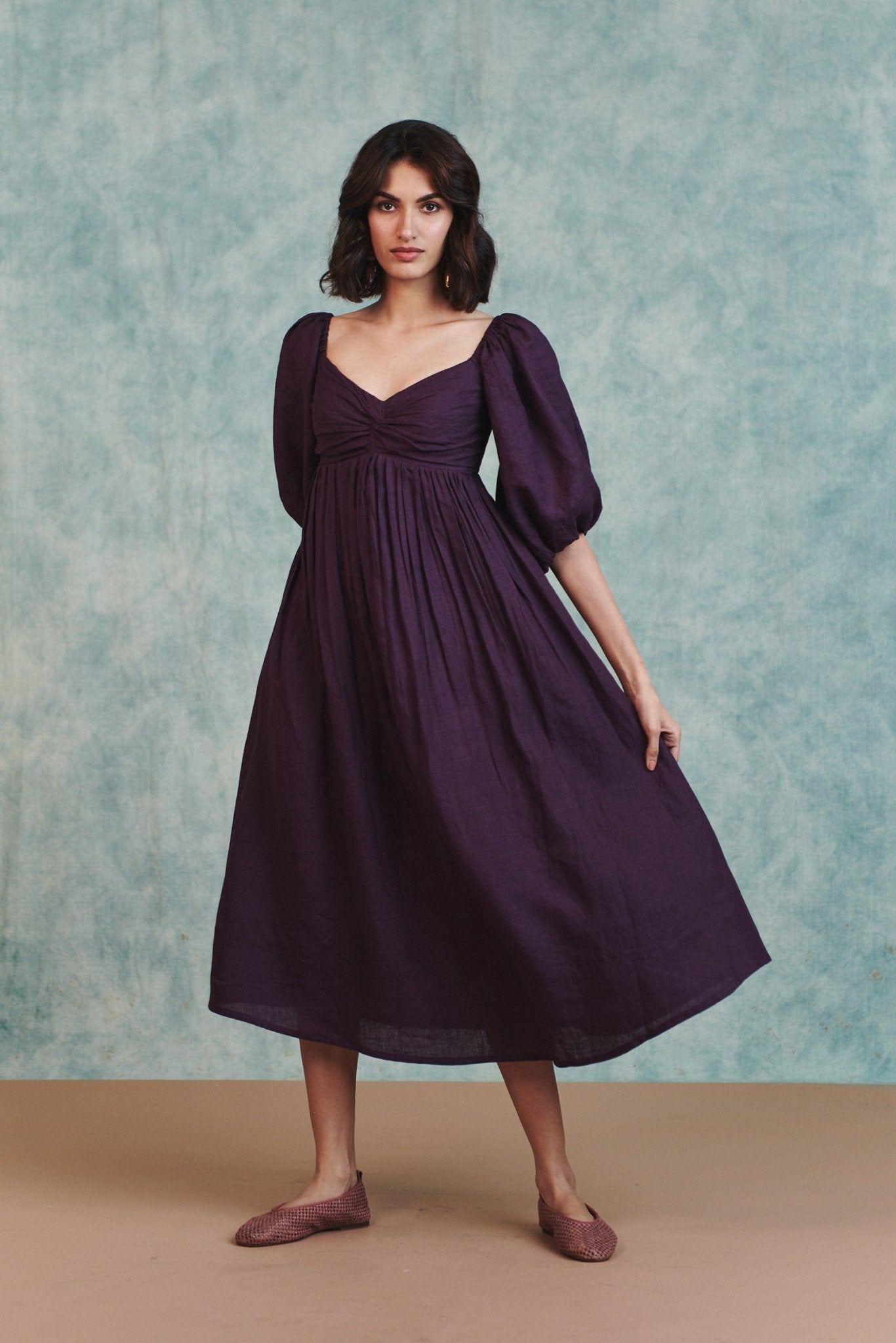 Plum Linen Front Twist Dress - CiceroniDressesSaphed