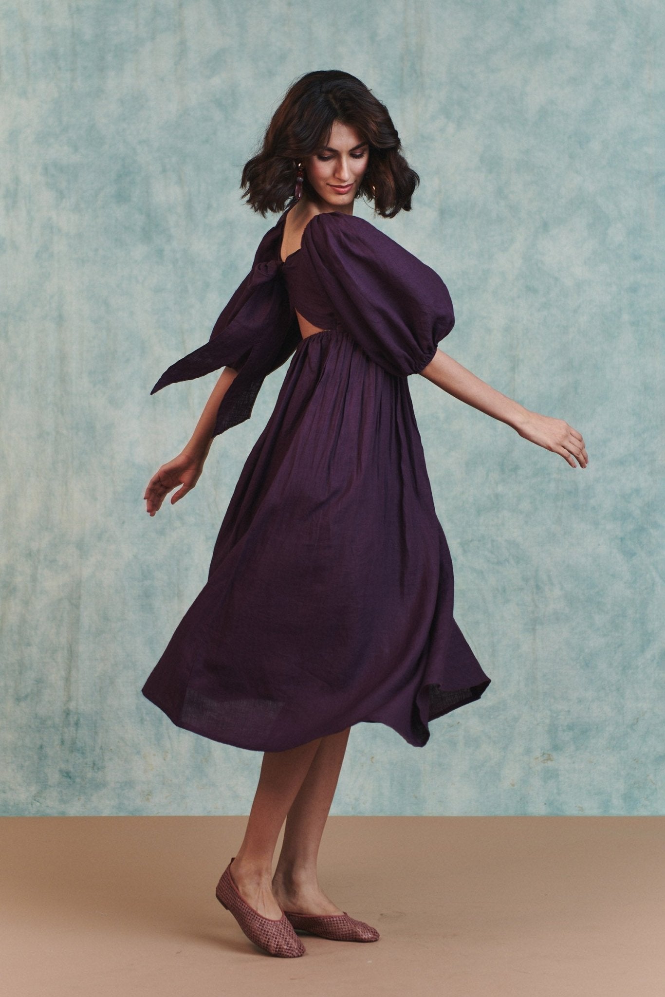 Plum Linen Front Twist Dress - CiceroniDressesSaphed