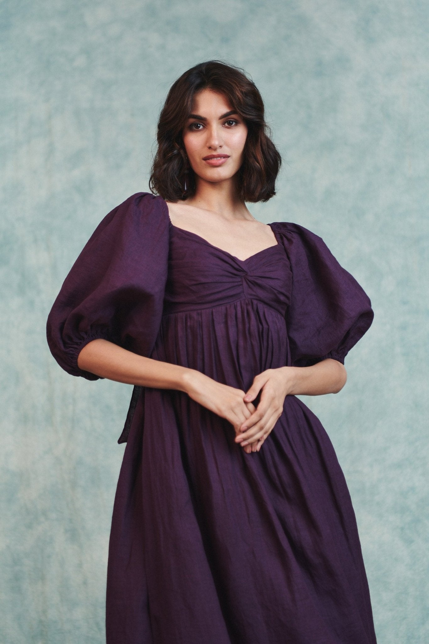 Plum Linen Front Twist Dress - CiceroniDressesSaphed