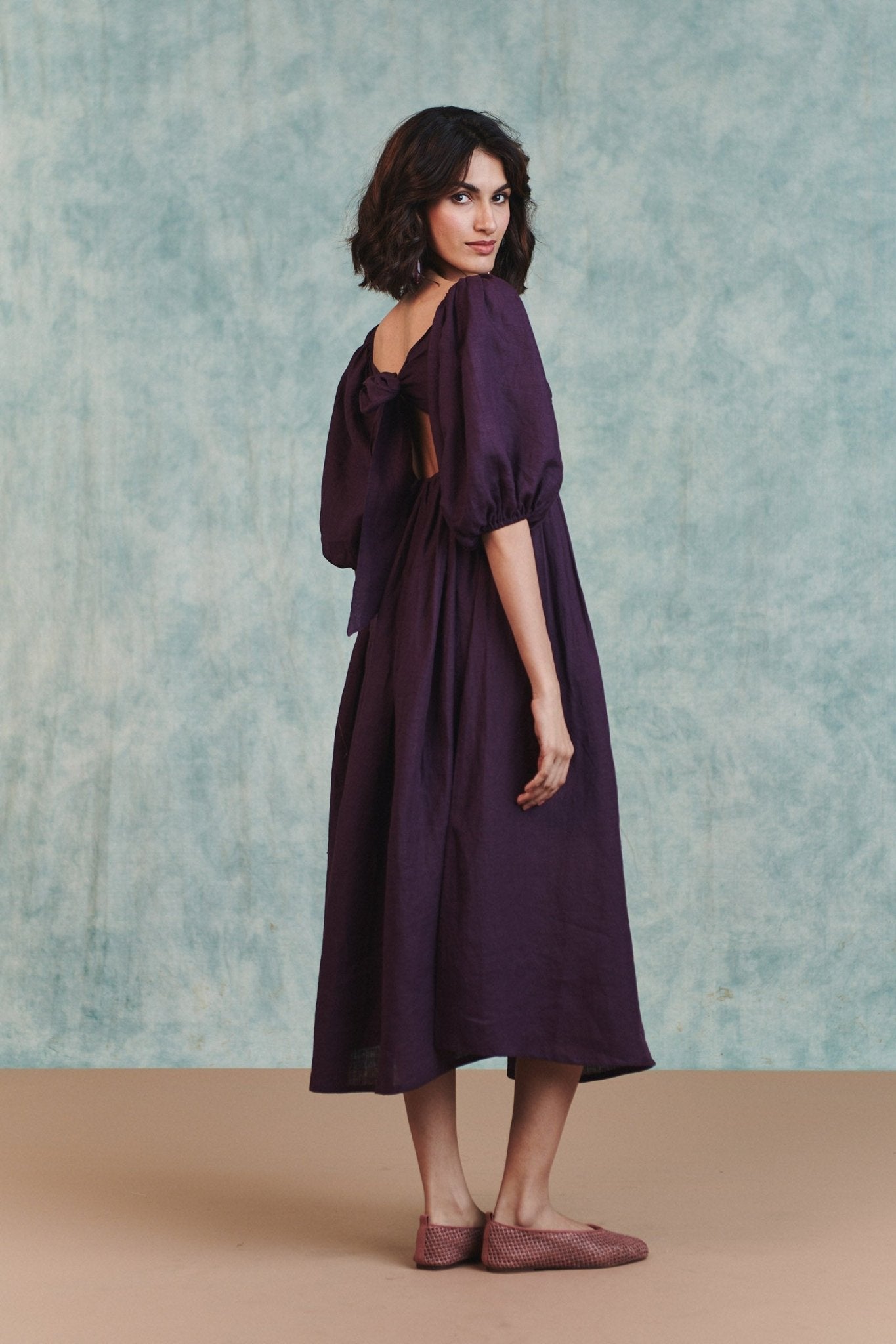 Plum Linen Front Twist Dress - CiceroniDressesSaphed
