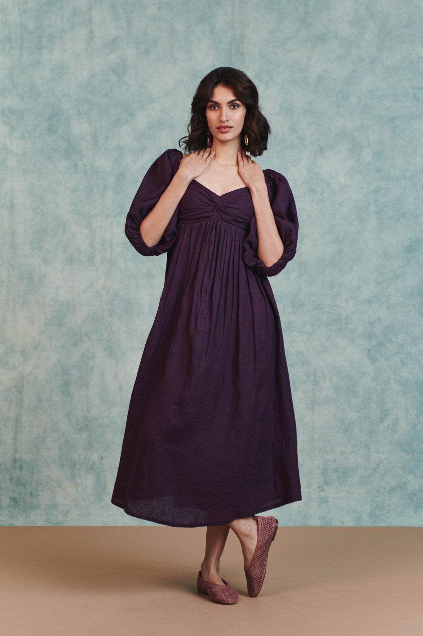 Plum Linen Front Twist Dress - CiceroniDressesSaphed