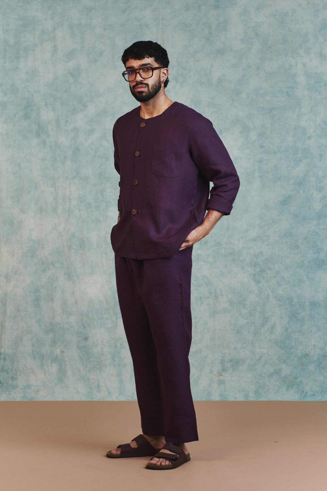 Plum Linen Men's Round Neck Shirt Set - CiceroniCo - ord SetSaphed