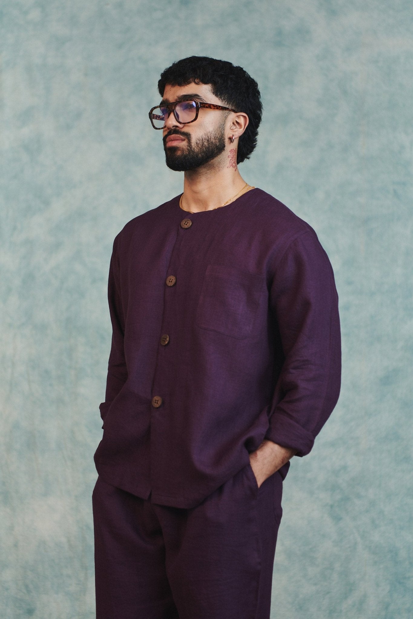 Plum Linen Men's Round Neck Shirt - CiceroniMen ShirtsSaphed