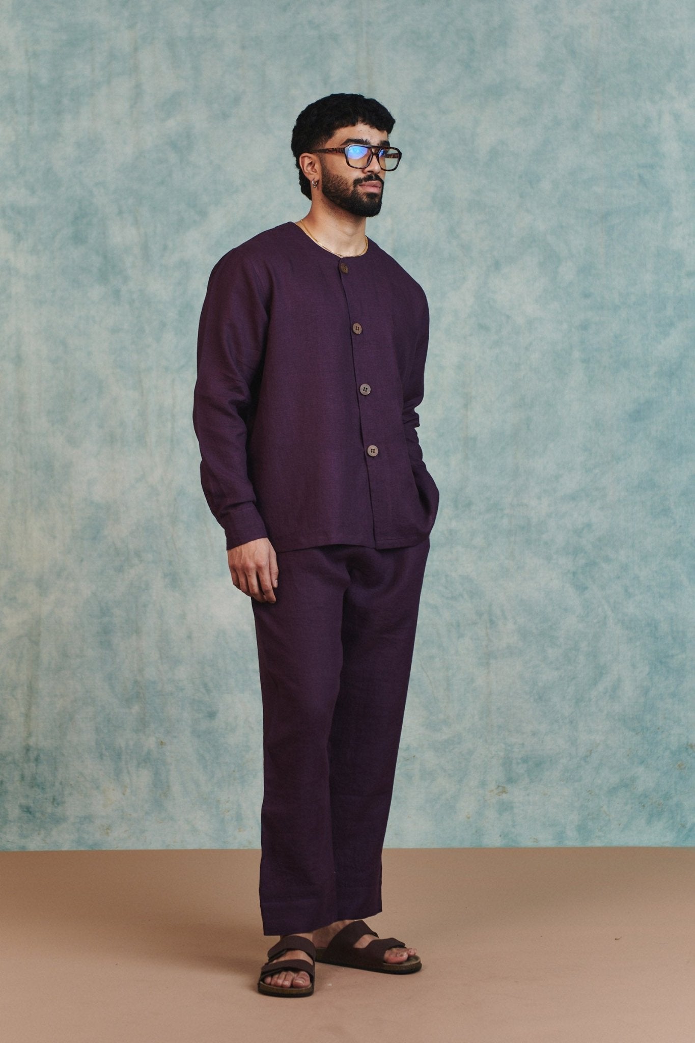 Plum Linen Men's Round Neck Shirt - CiceroniMen ShirtsSaphed