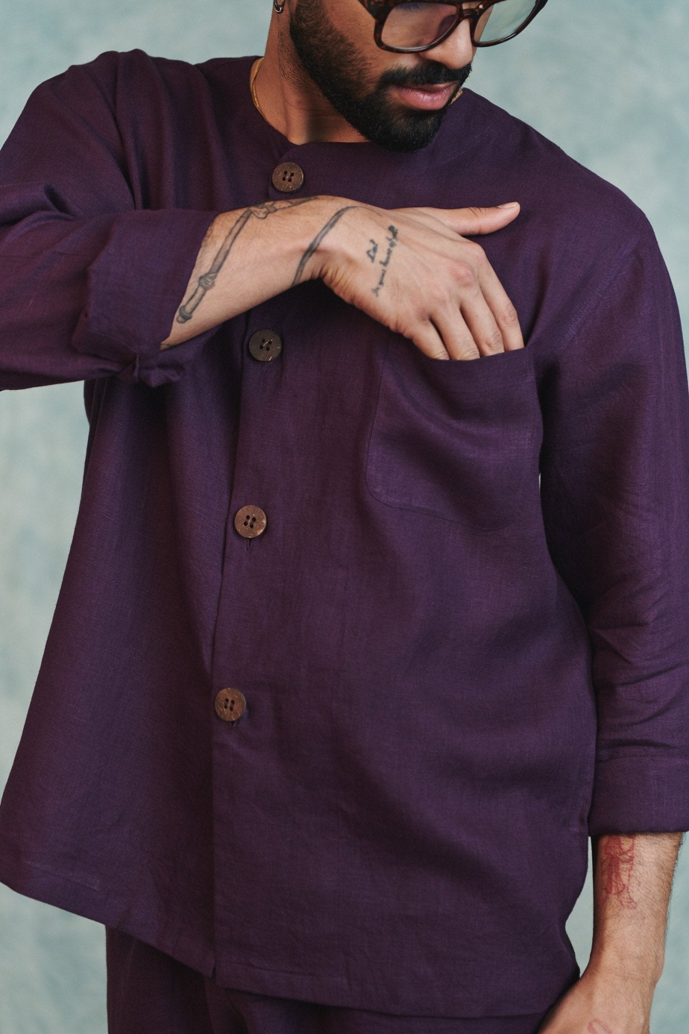 Plum Linen Men's Round Neck Shirt - CiceroniMen ShirtsSaphed