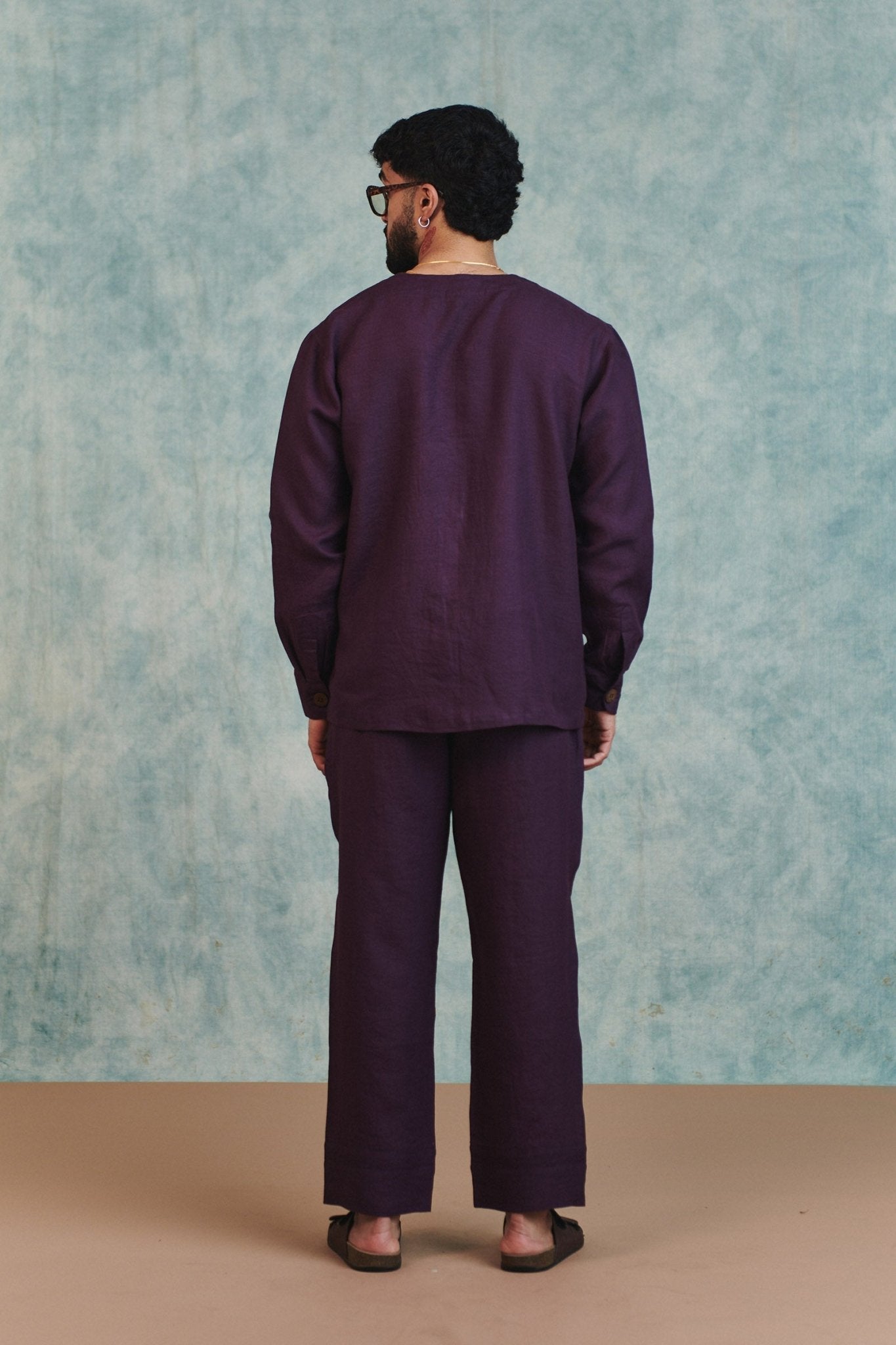 Plum Linen Men's Round Neck Shirt - CiceroniMen ShirtsSaphed