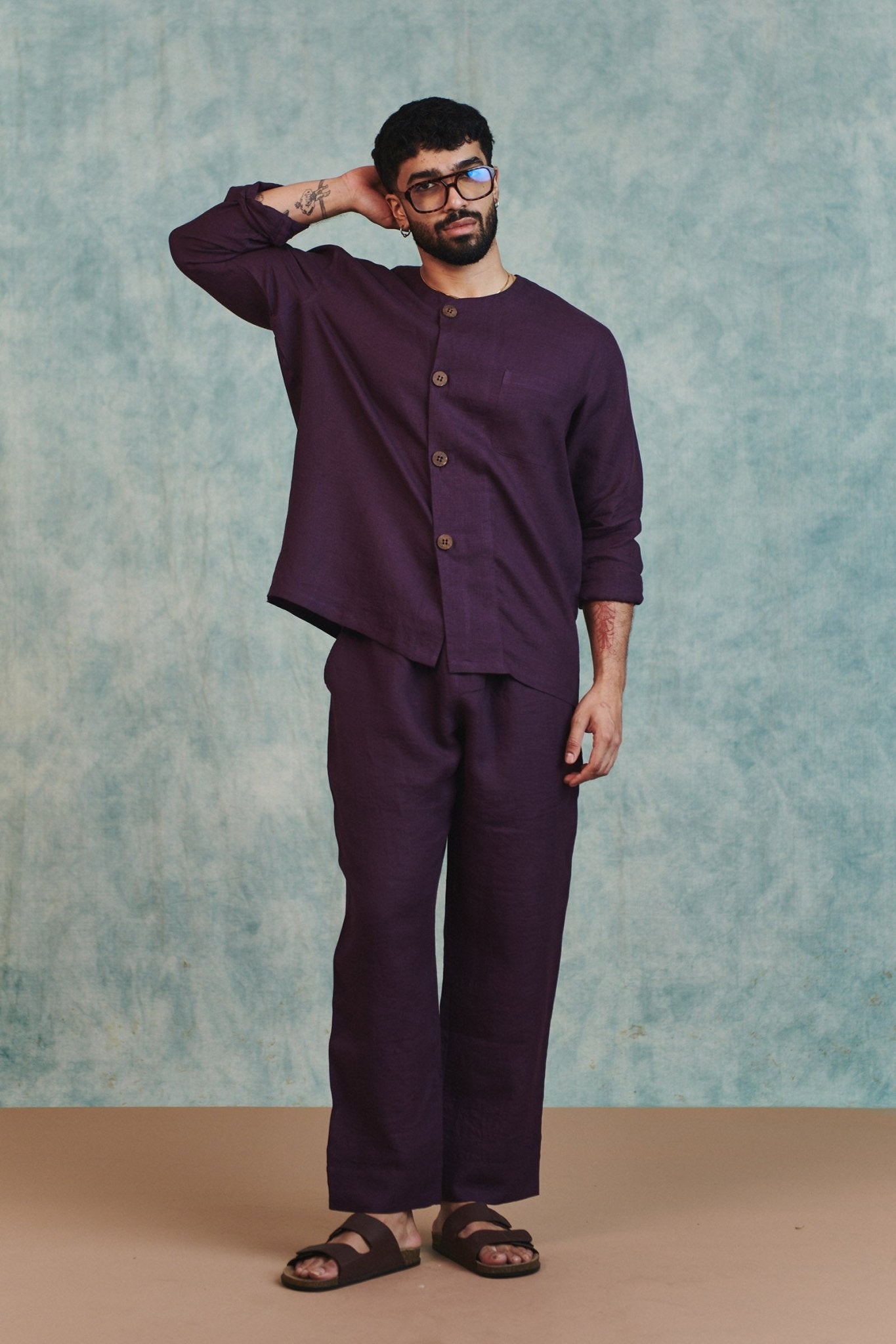 Plum Linen Men's Round Neck Shirt - CiceroniMen ShirtsSaphed